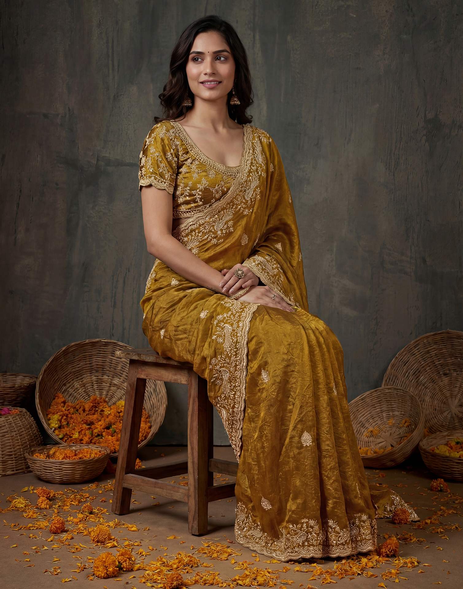 Dark Mustard Yellow Tissue Silk Embroidery Saree - Image 5
