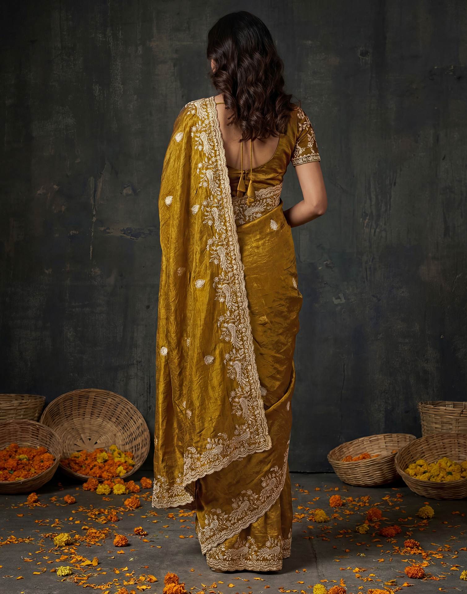 Dark Mustard Yellow Tissue Silk Embroidery Saree - Image 6