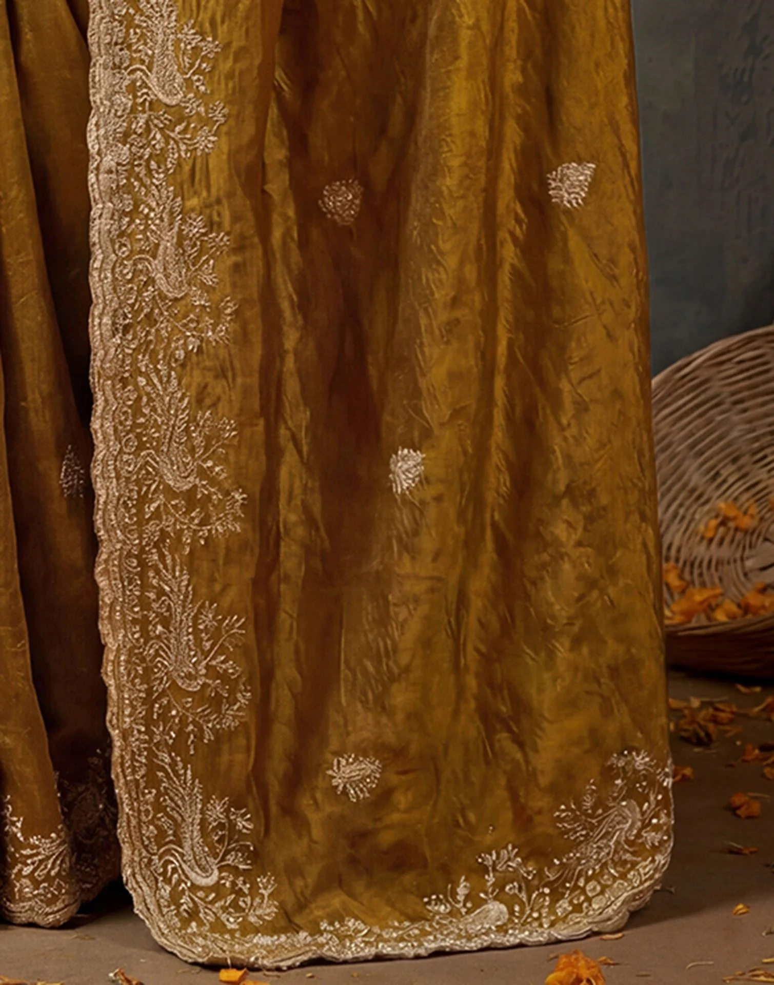 Dark Mustard Yellow Tissue Silk Embroidery Saree - Image 8