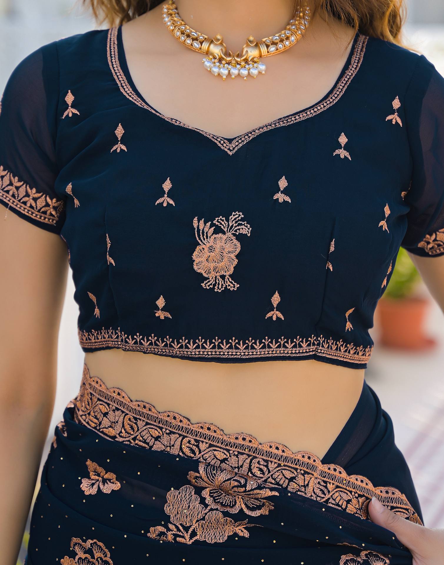 Dark Navy Blue Georgette Embroidery Embellished Saree - Image 10