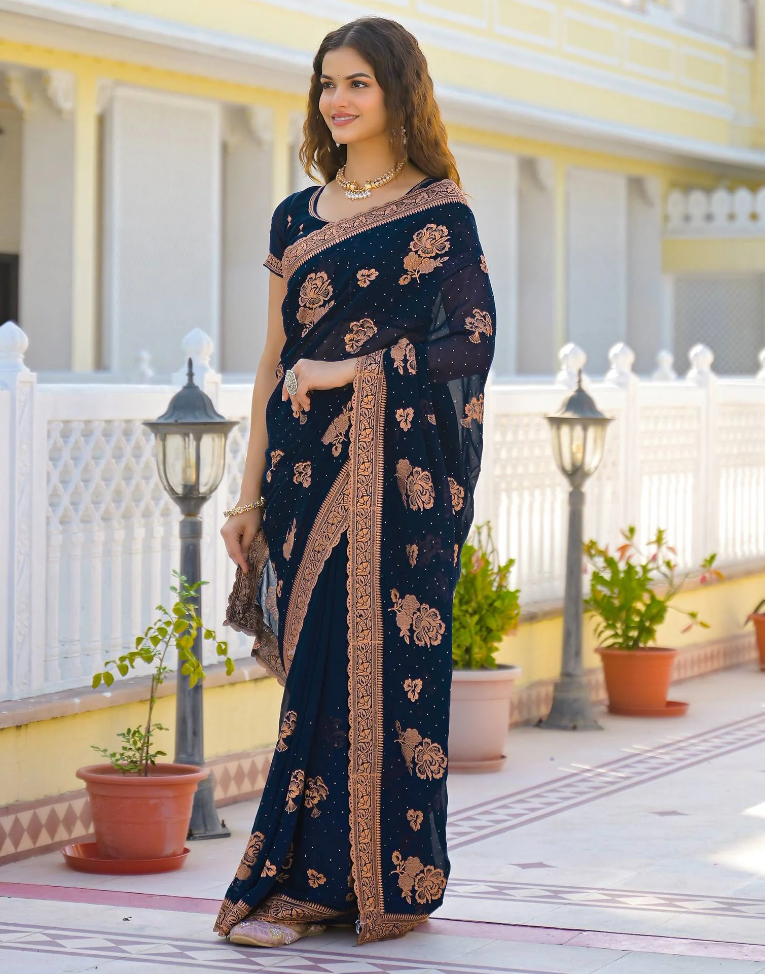 Dark Navy Blue Georgette Embroidery Embellished Saree - Image 4