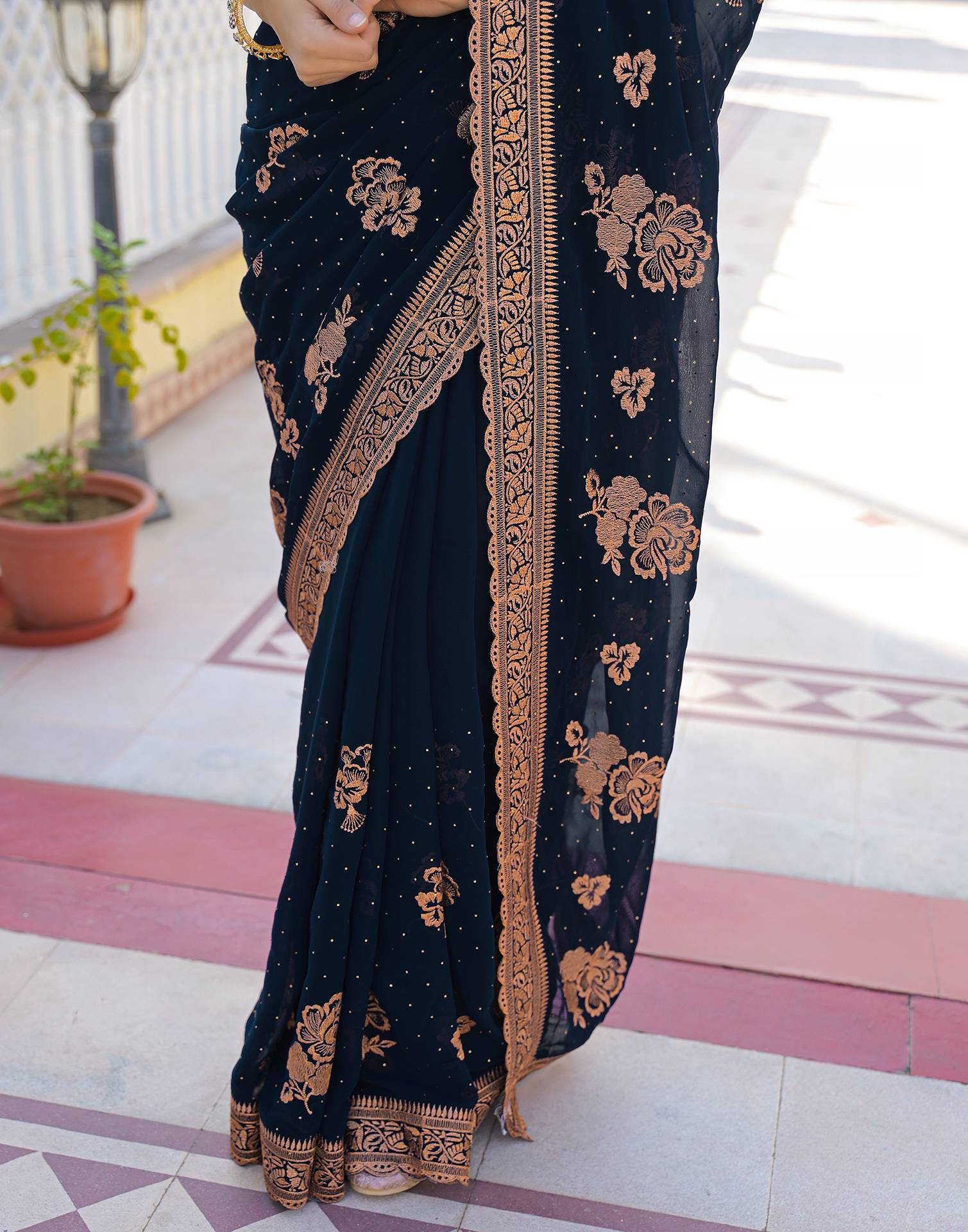 Dark Navy Blue Georgette Embroidery Embellished Saree - Image 7