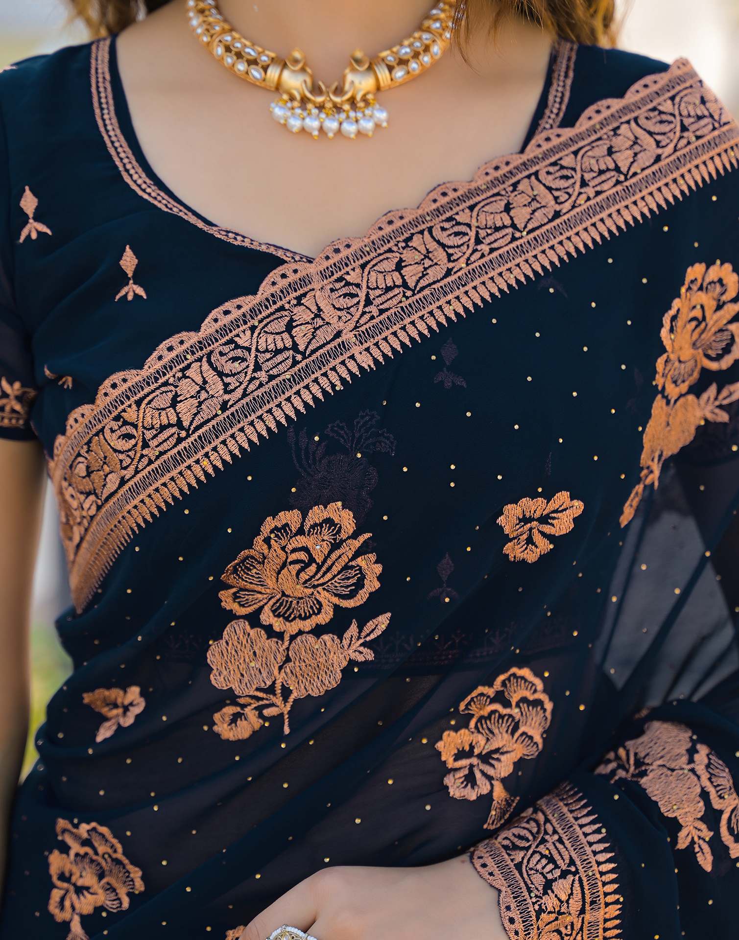 Dark Navy Blue Georgette Embroidery Embellished Saree - Image 9