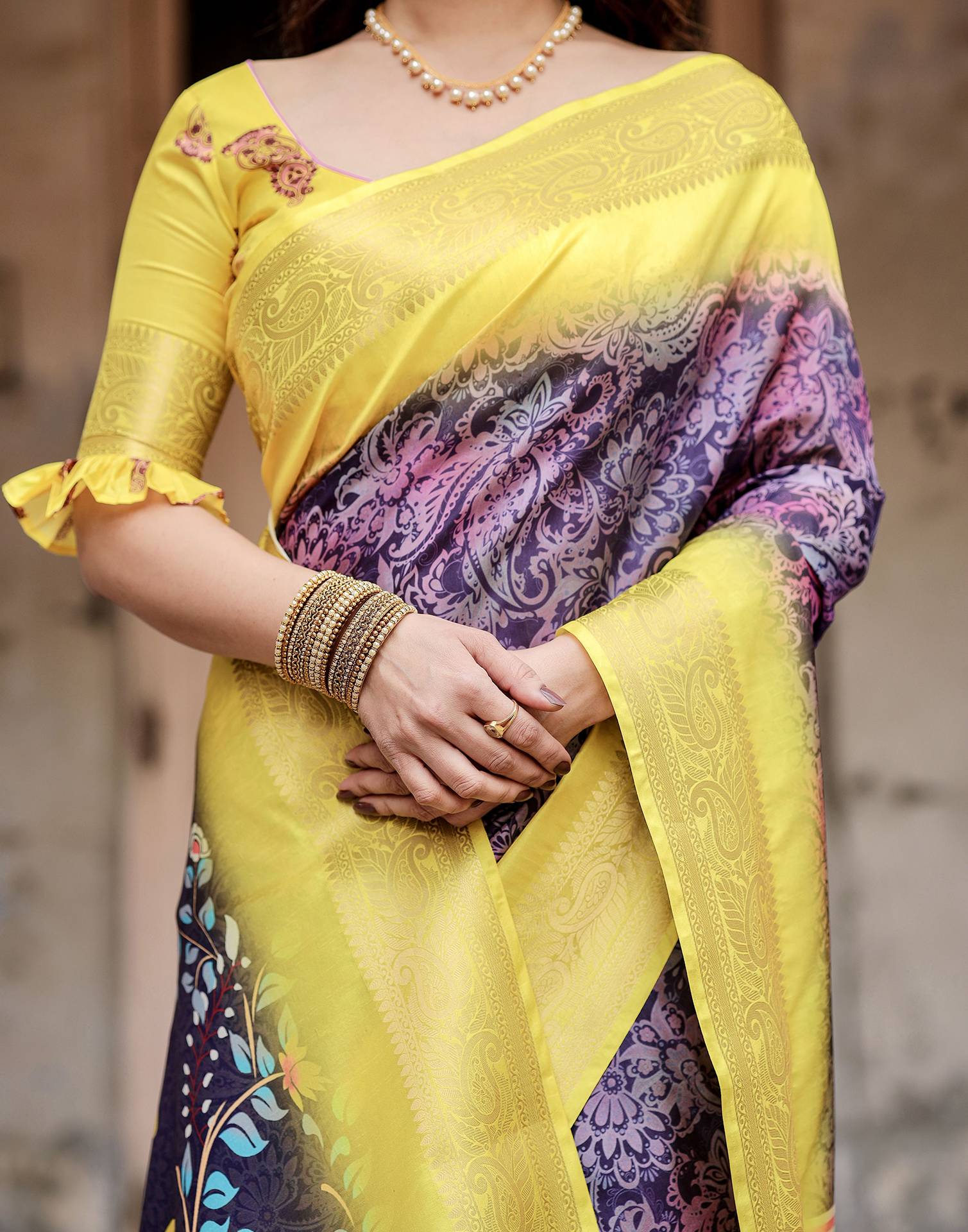 Dark Navy Blue Tussar Silk Printed Kalamkari Saree - Image 6
