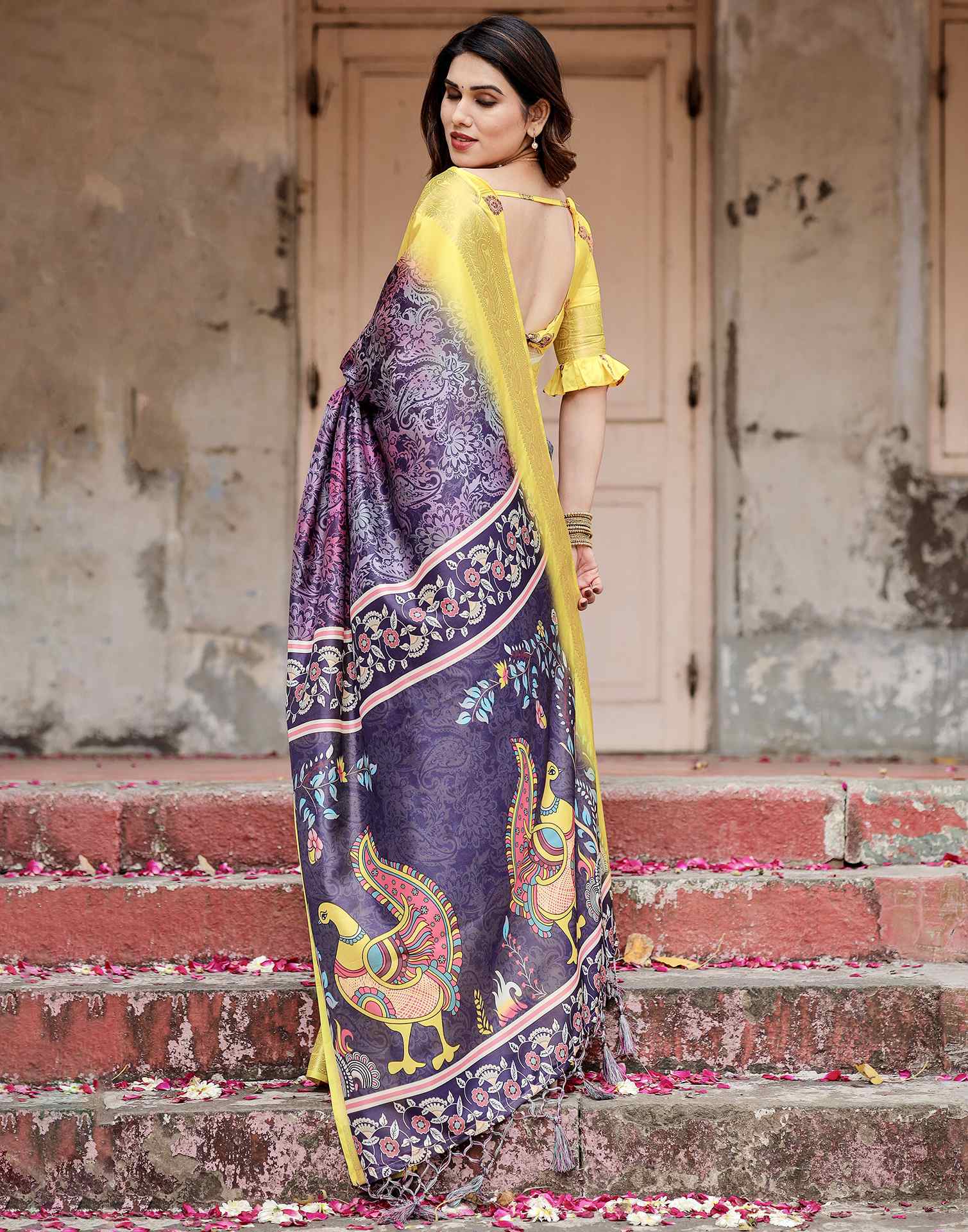 Dark Navy Blue Tussar Silk Printed Kalamkari Saree - Image 7