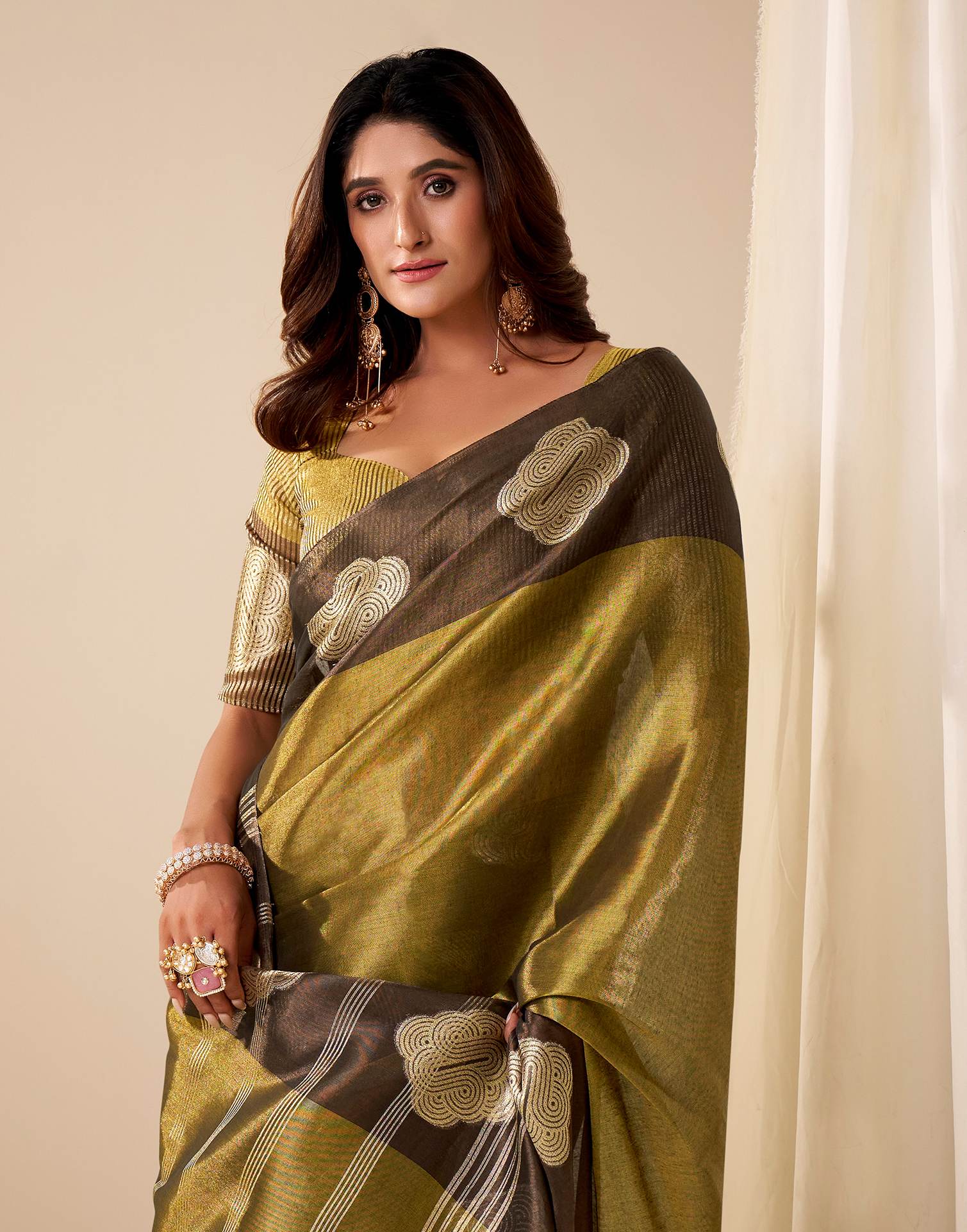 Dark Oilve Green Tissue Silk Woven Saree - Image 2