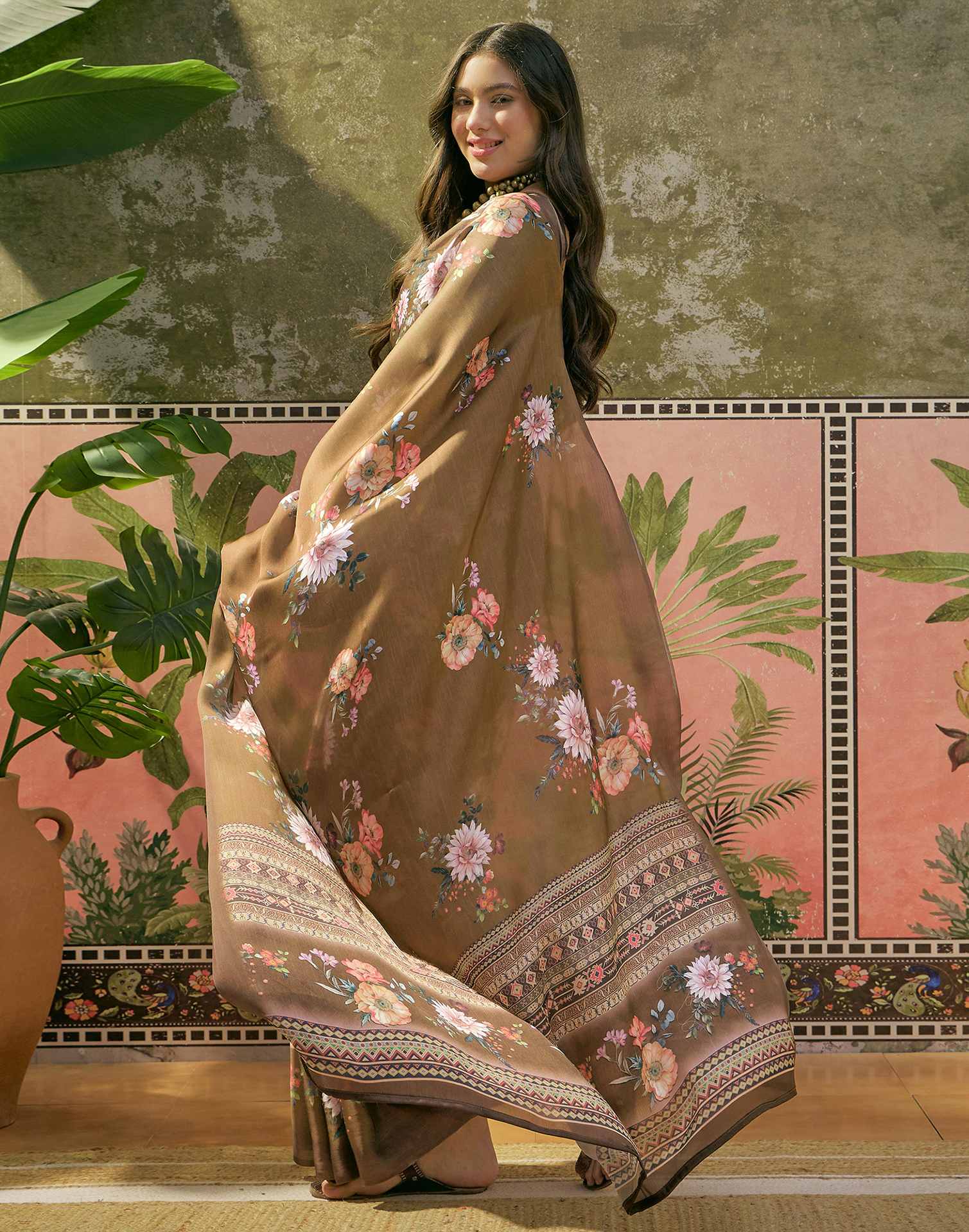 Dark Olive Green Satin Floral Printed Saree - Image 4