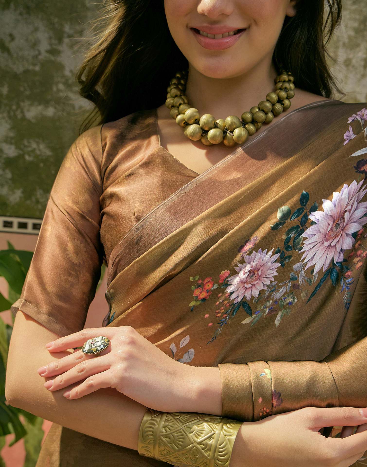 Dark Olive Green Satin Floral Printed Saree - Image 7