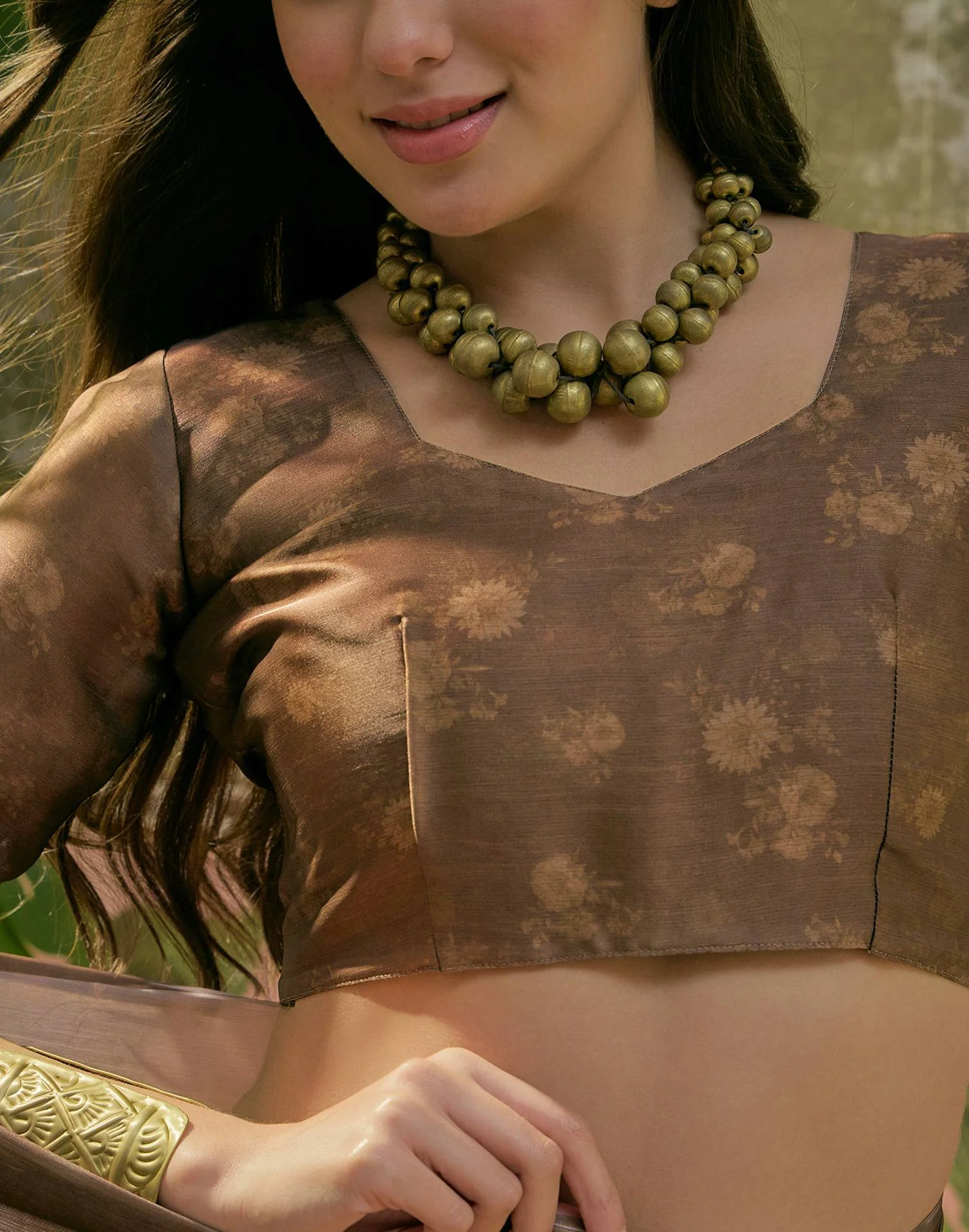 Dark Olive Green Satin Floral Printed Saree - Image 8