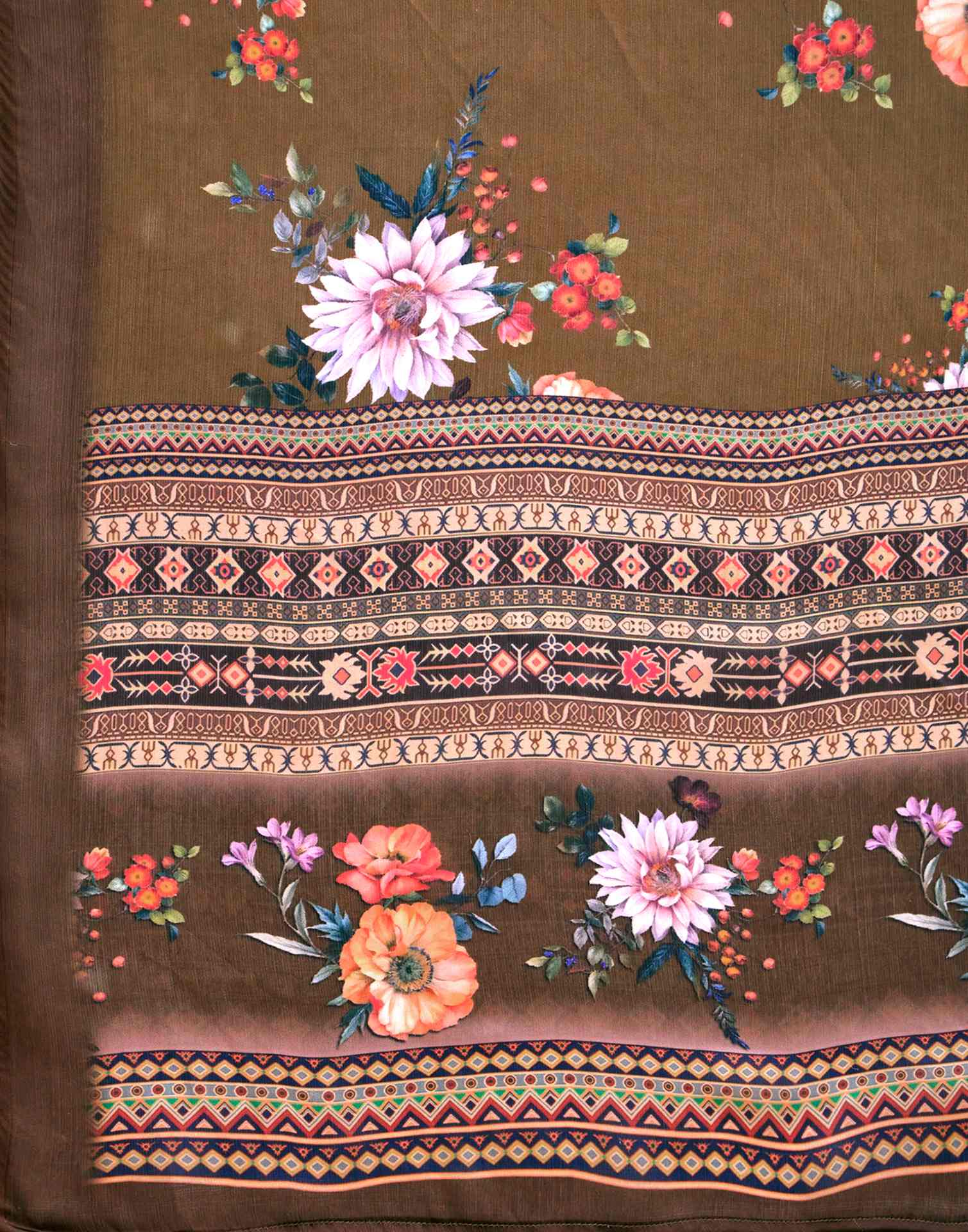 Dark Olive Green Satin Floral Printed Saree - Image 9