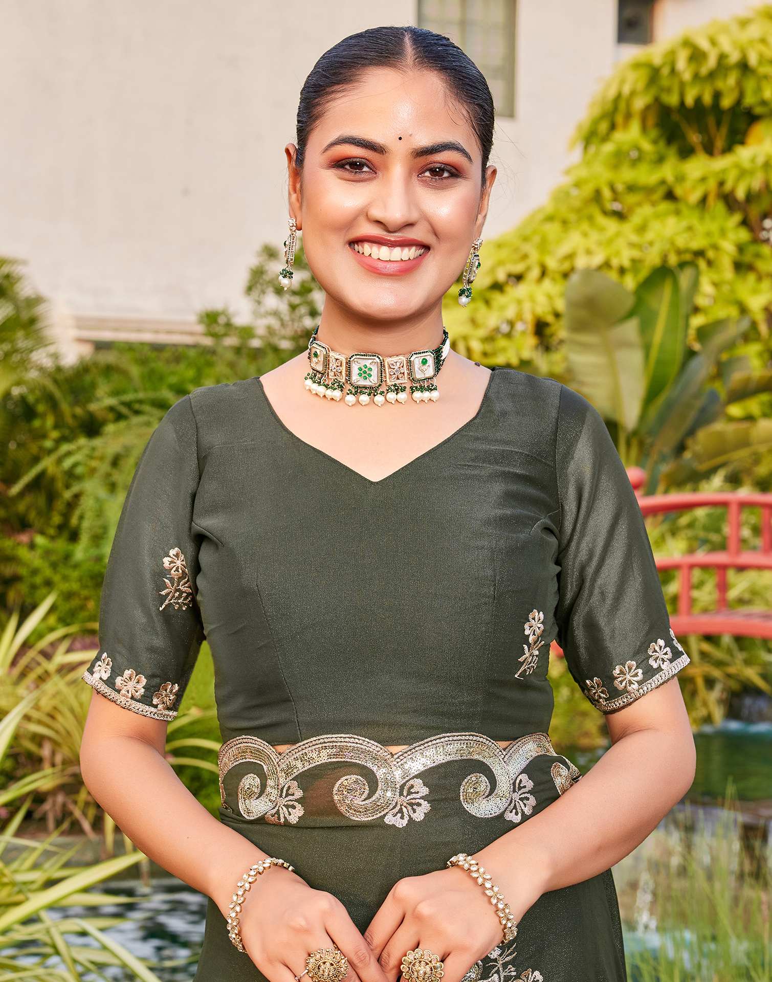 Dark Olive Green Shimmer Sequence Embroidery Saree - Image 8