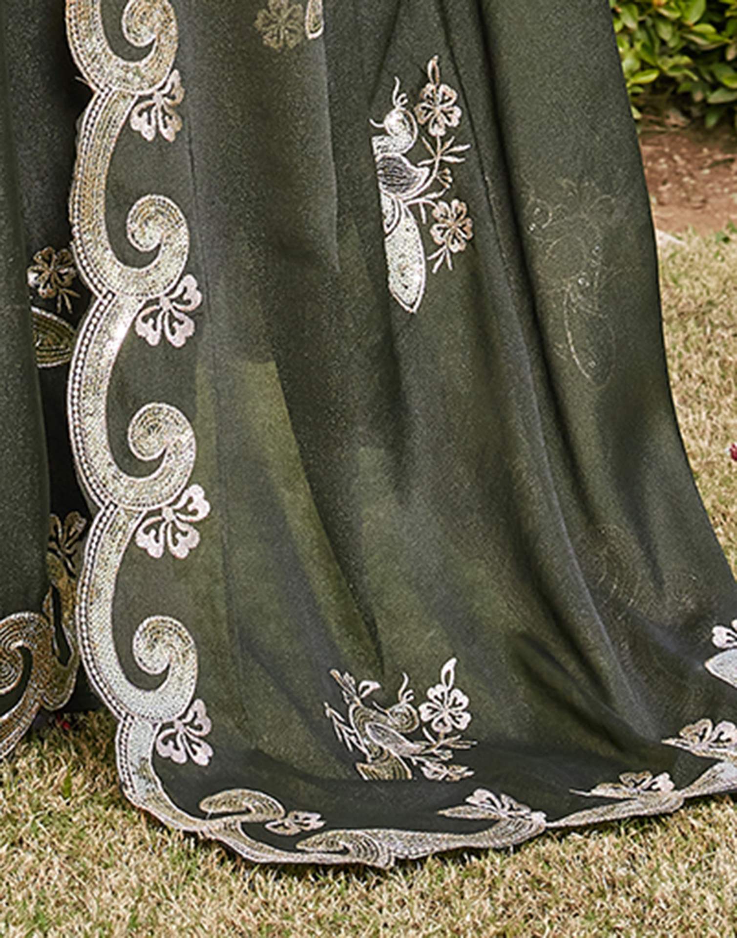 Dark Olive Green Shimmer Sequence Embroidery Saree - Image 9