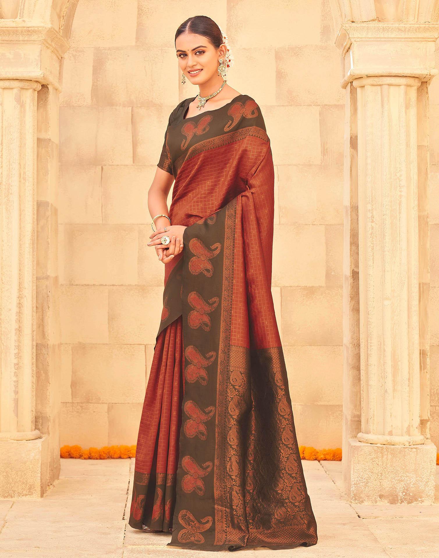 Dark Orange Silk Woven Banarasi Saree - Image 4