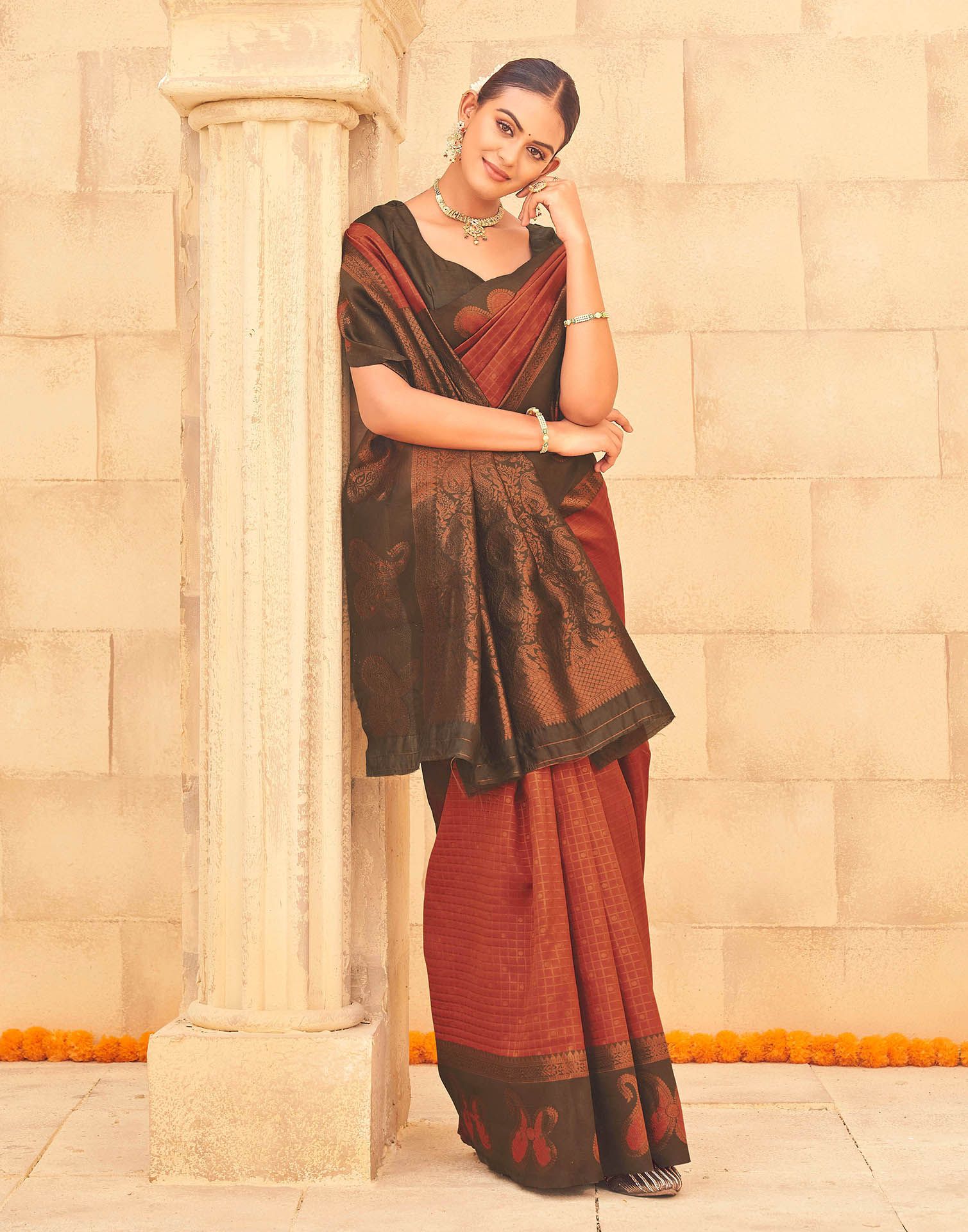 Dark Orange Silk Woven Banarasi Saree - Image 5