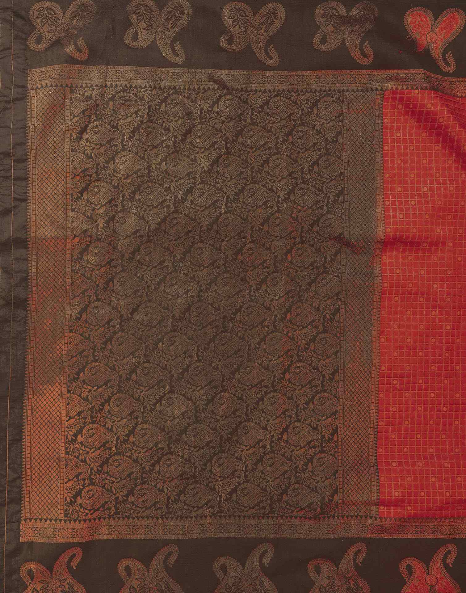Dark Orange Silk Woven Banarasi Saree - Image 7