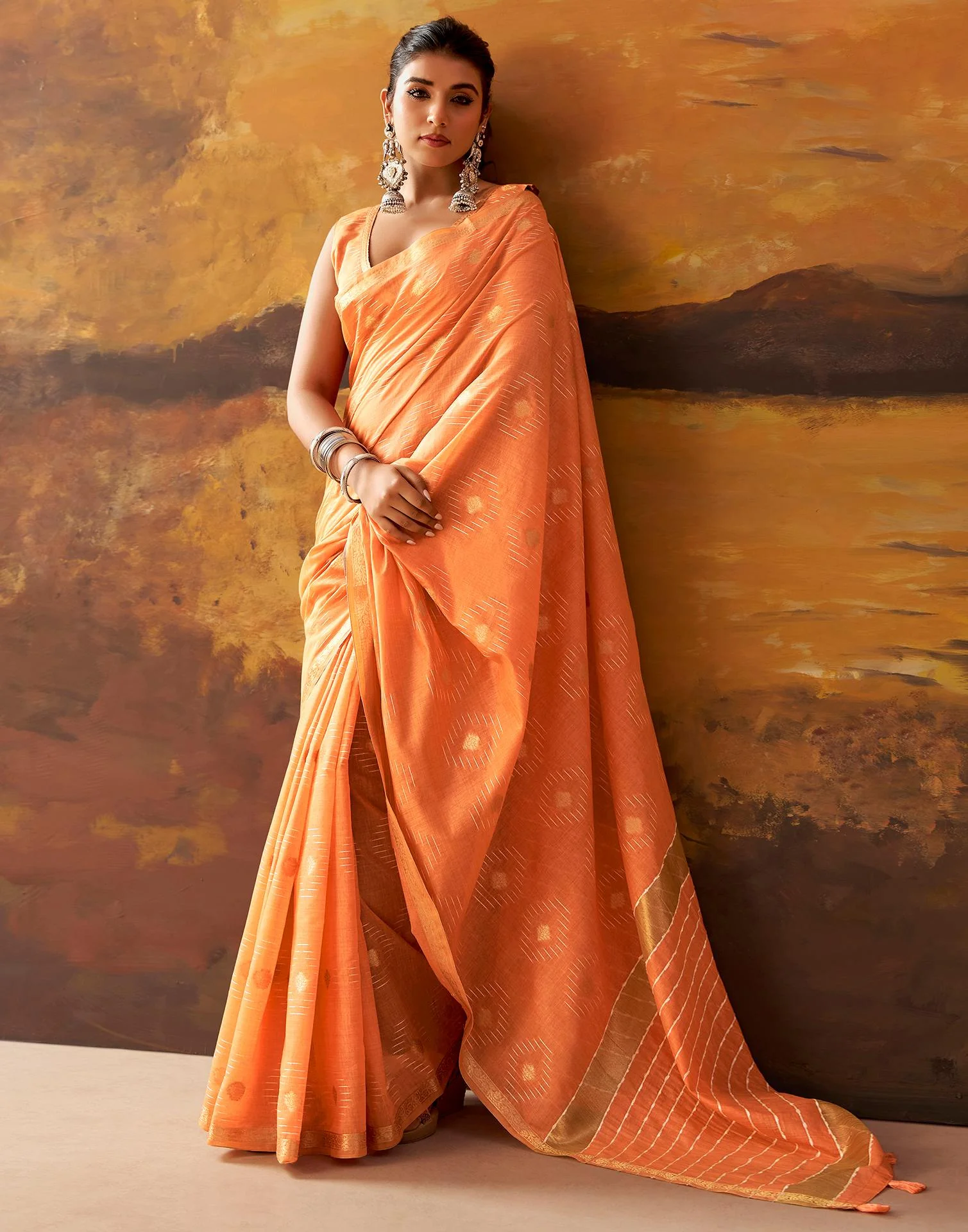 Dark Peach Cotton Chanderi Woven Saree - Image 5