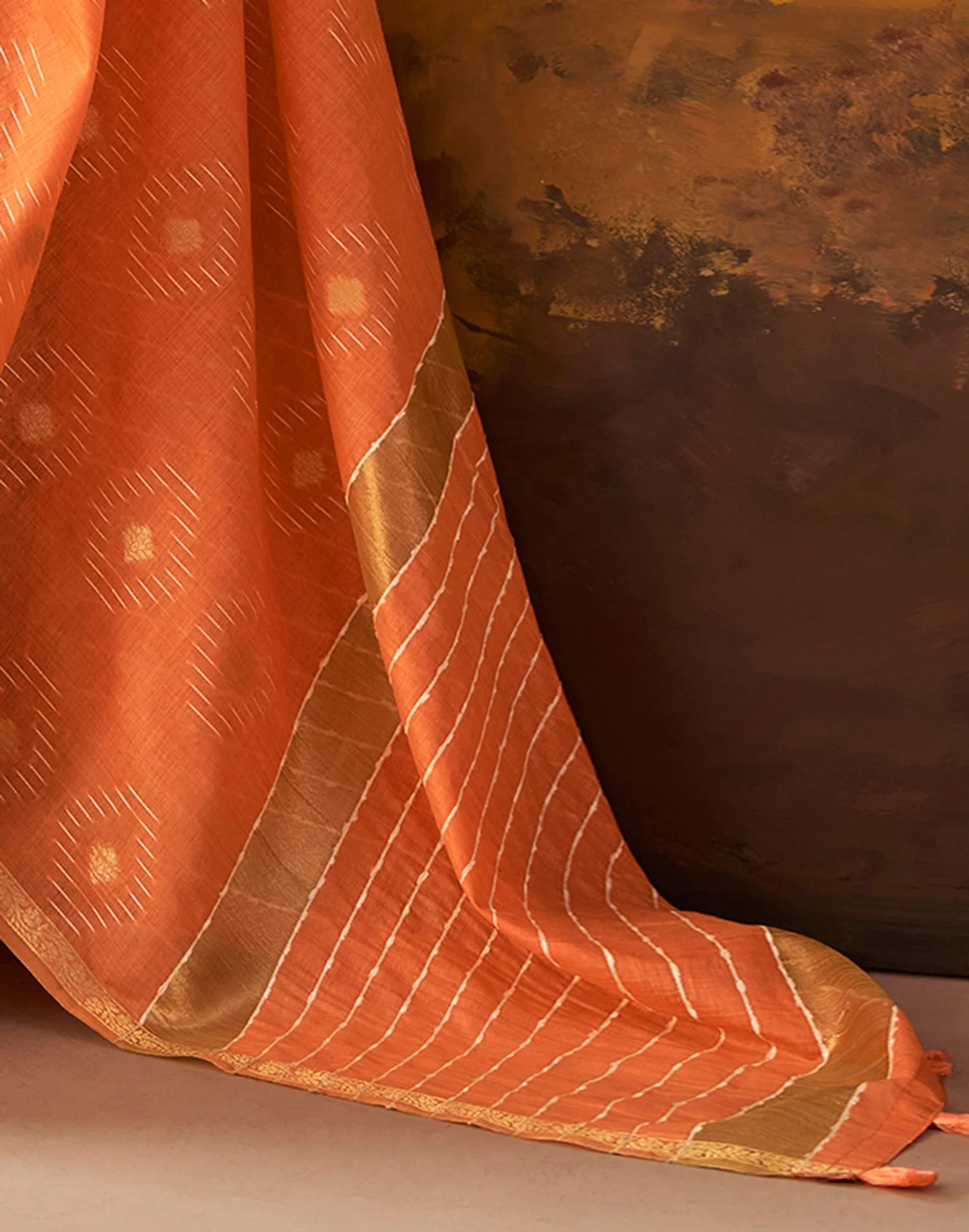 Dark Peach Cotton Chanderi Woven Saree - Image 7