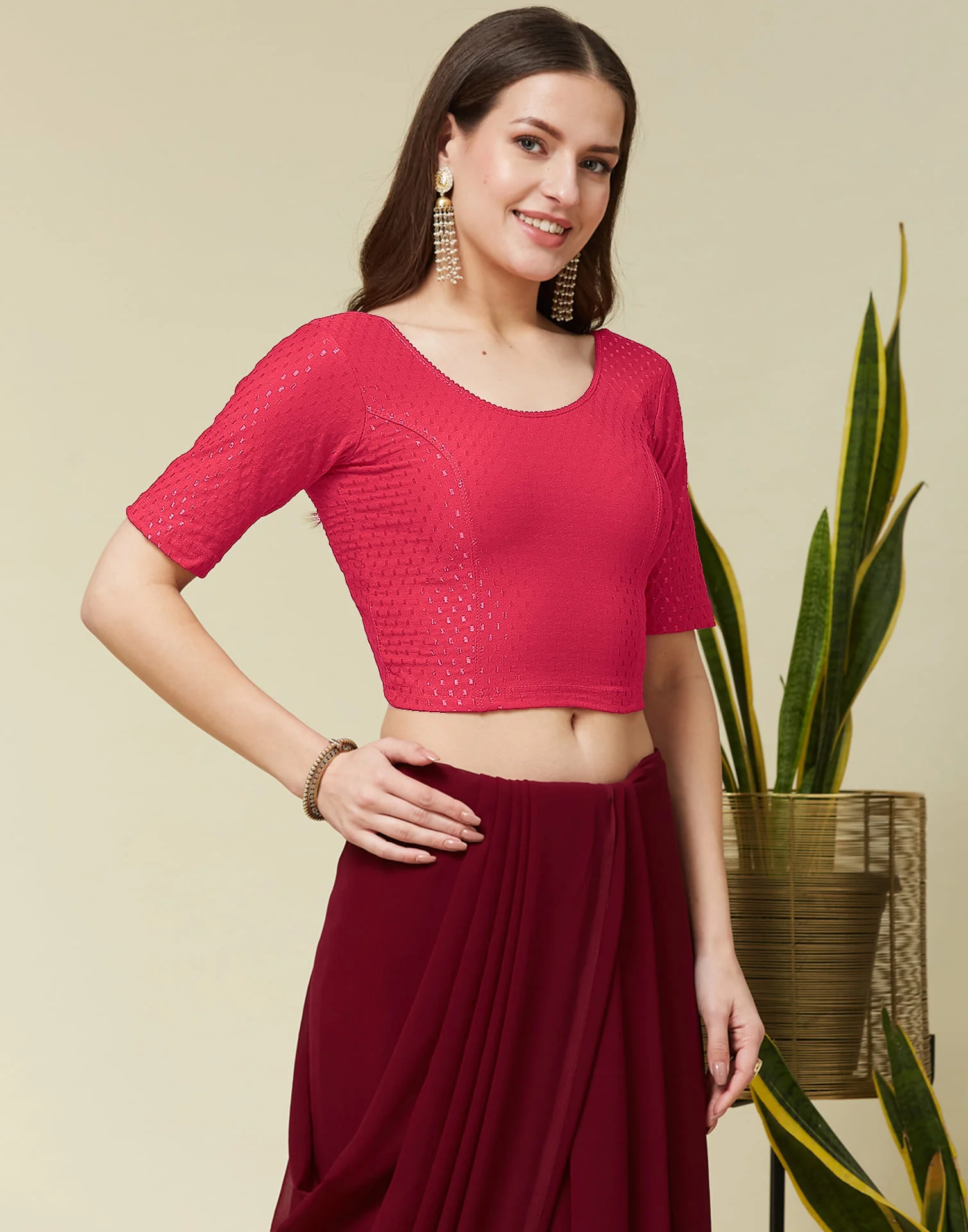Dark Peach Cotton Lycra Dyed Self Woven Blouse - Image 3