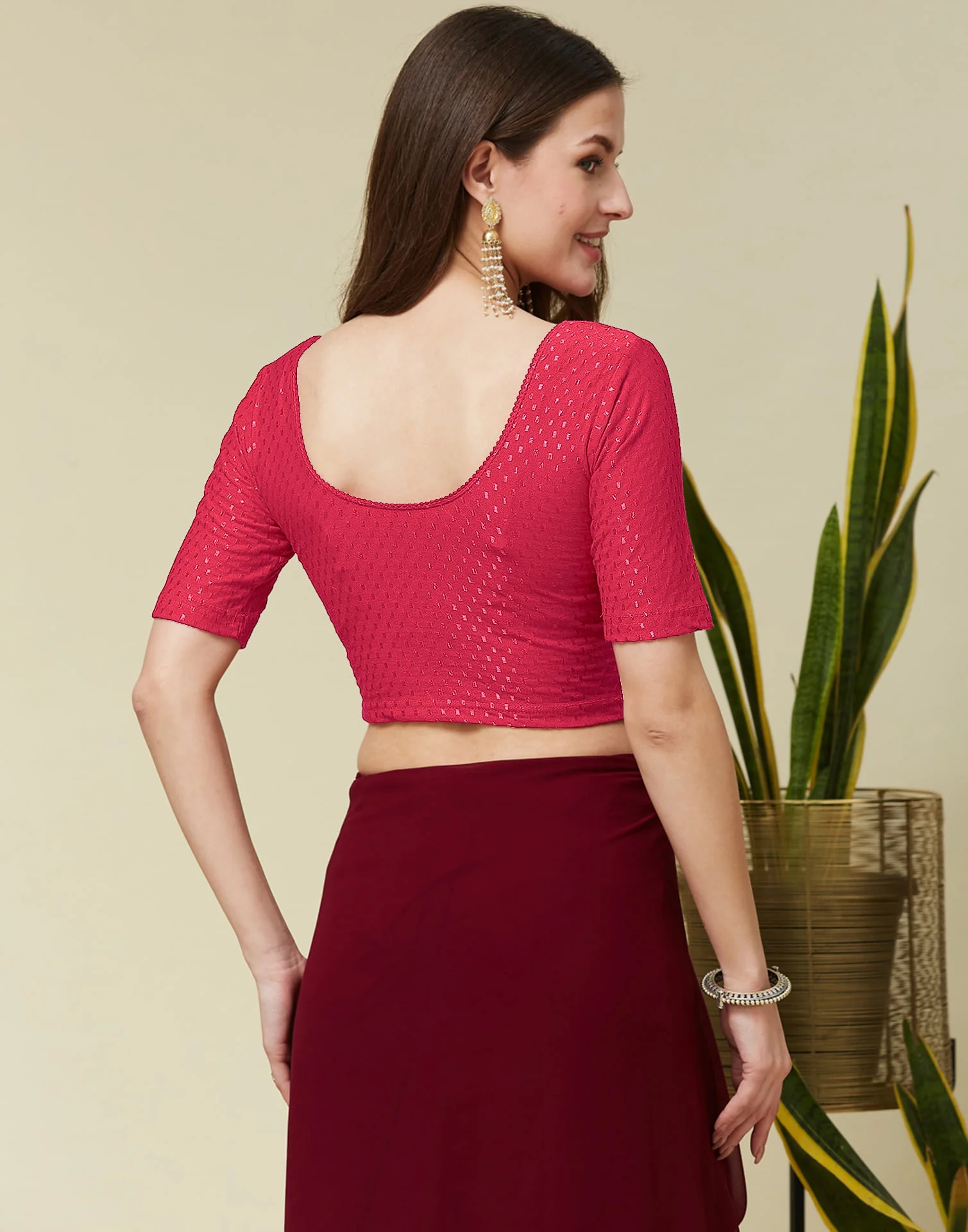 Dark Peach Cotton Lycra Dyed Self Woven Blouse - Image 5