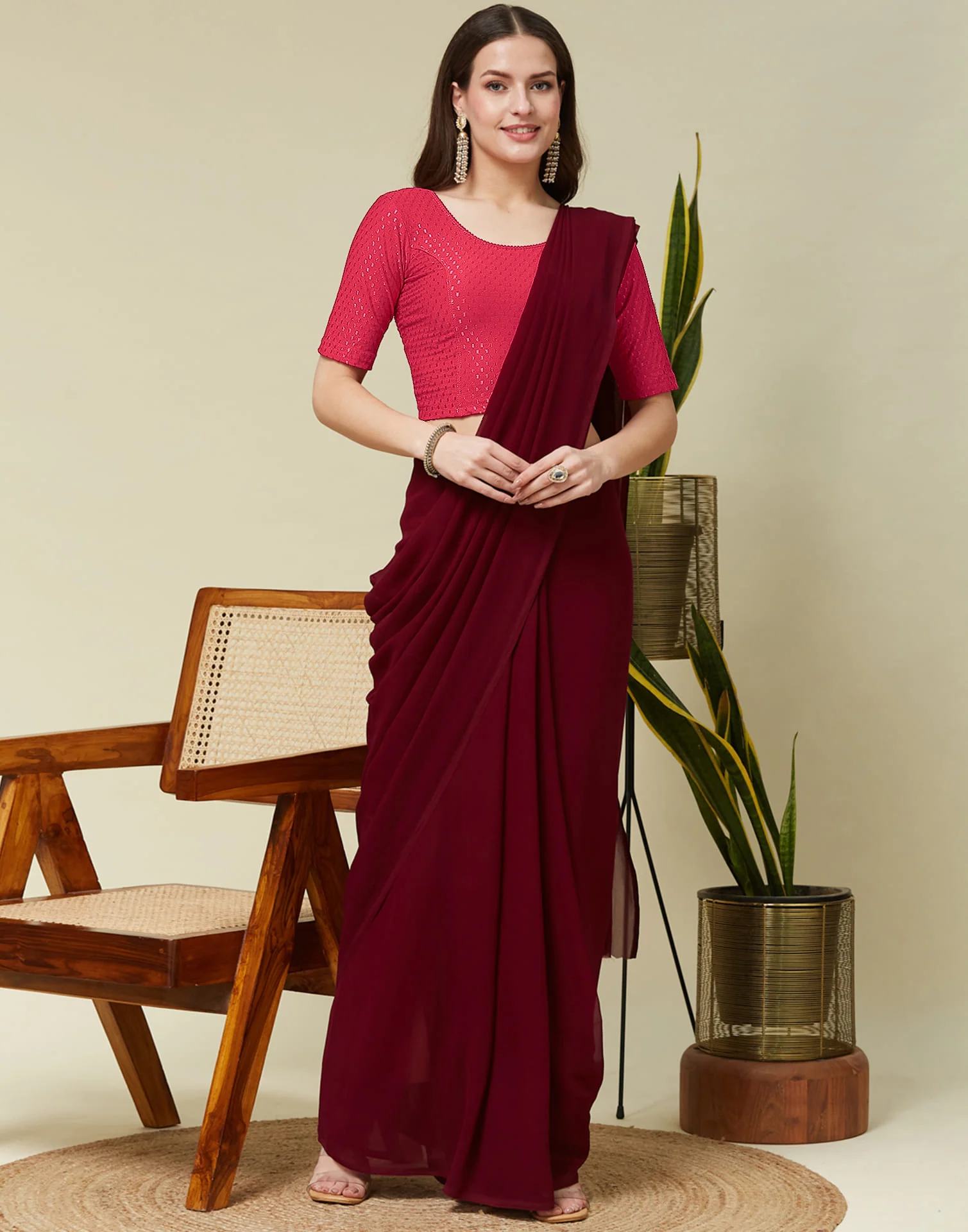 Dark Peach Cotton Lycra Dyed Self Woven Blouse - Image 6