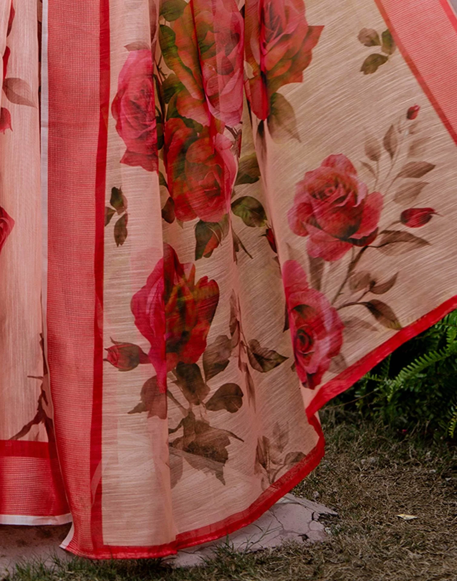 Dark Peach Linen Floral Printed Saree - Image 10