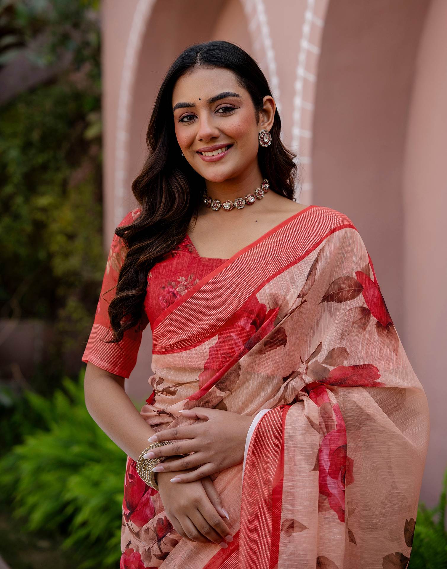 Dark Peach Linen Floral Printed Saree - Image 2