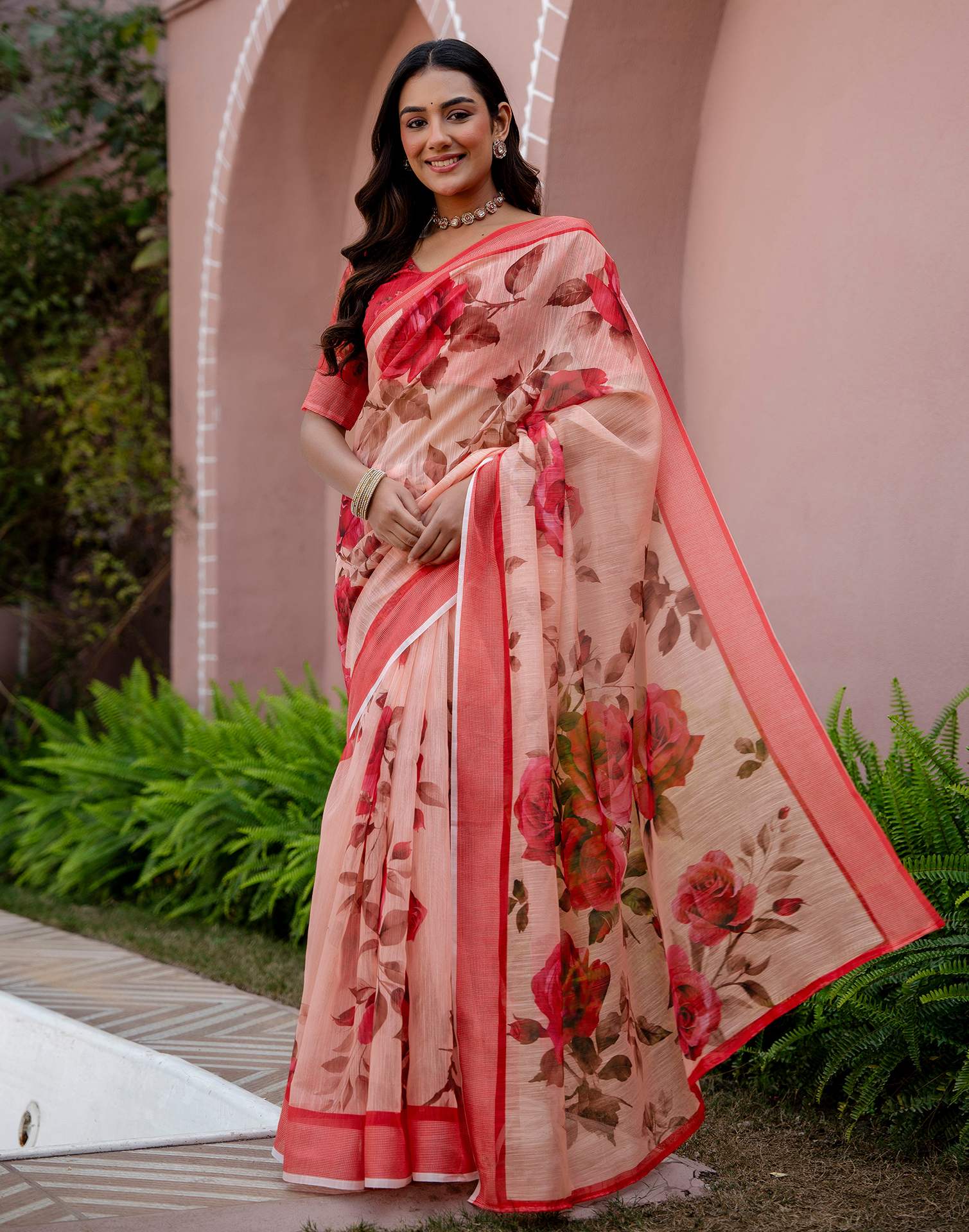 Dark Peach Linen Floral Printed Saree - Image 5