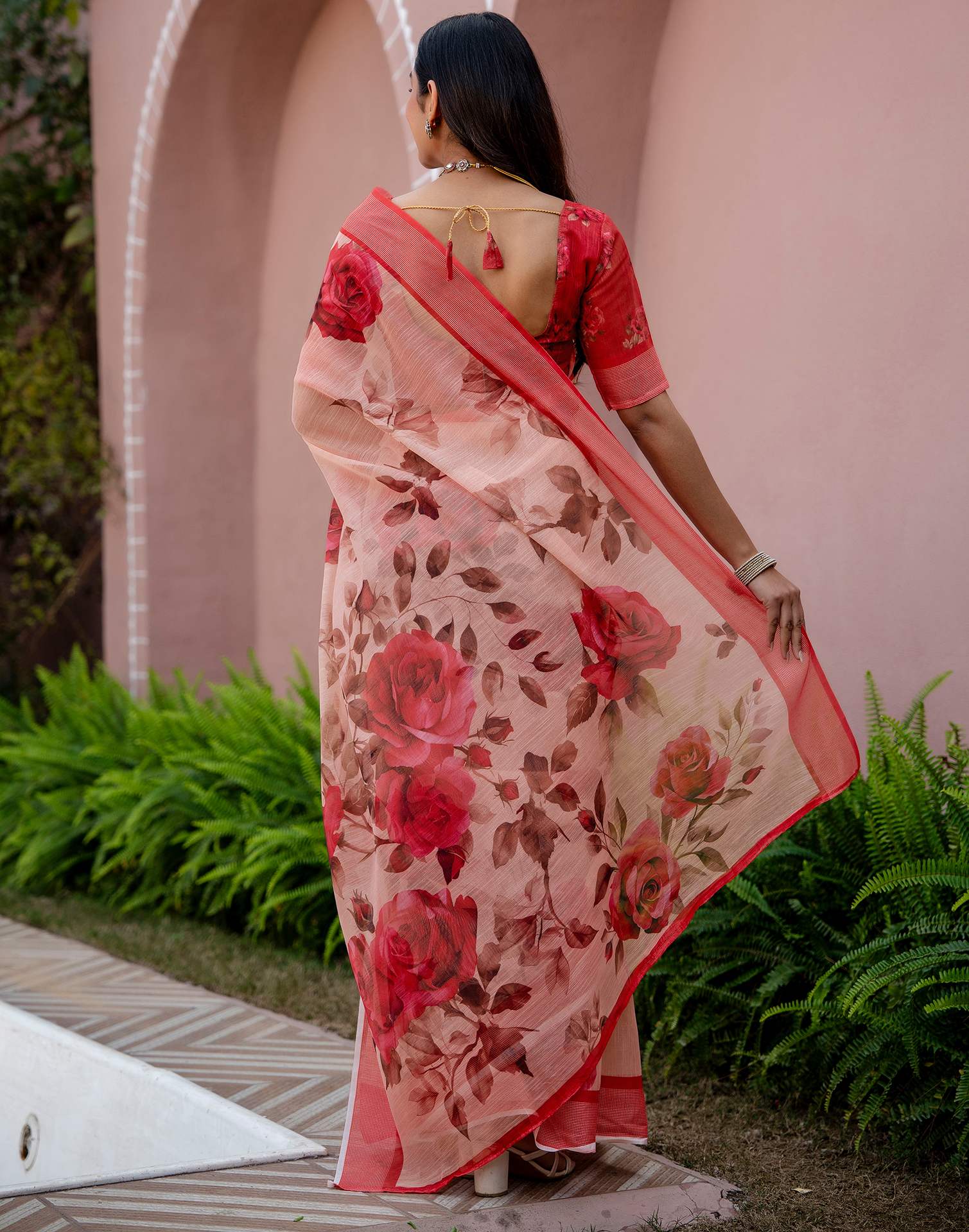 Dark Peach Linen Floral Printed Saree - Image 7