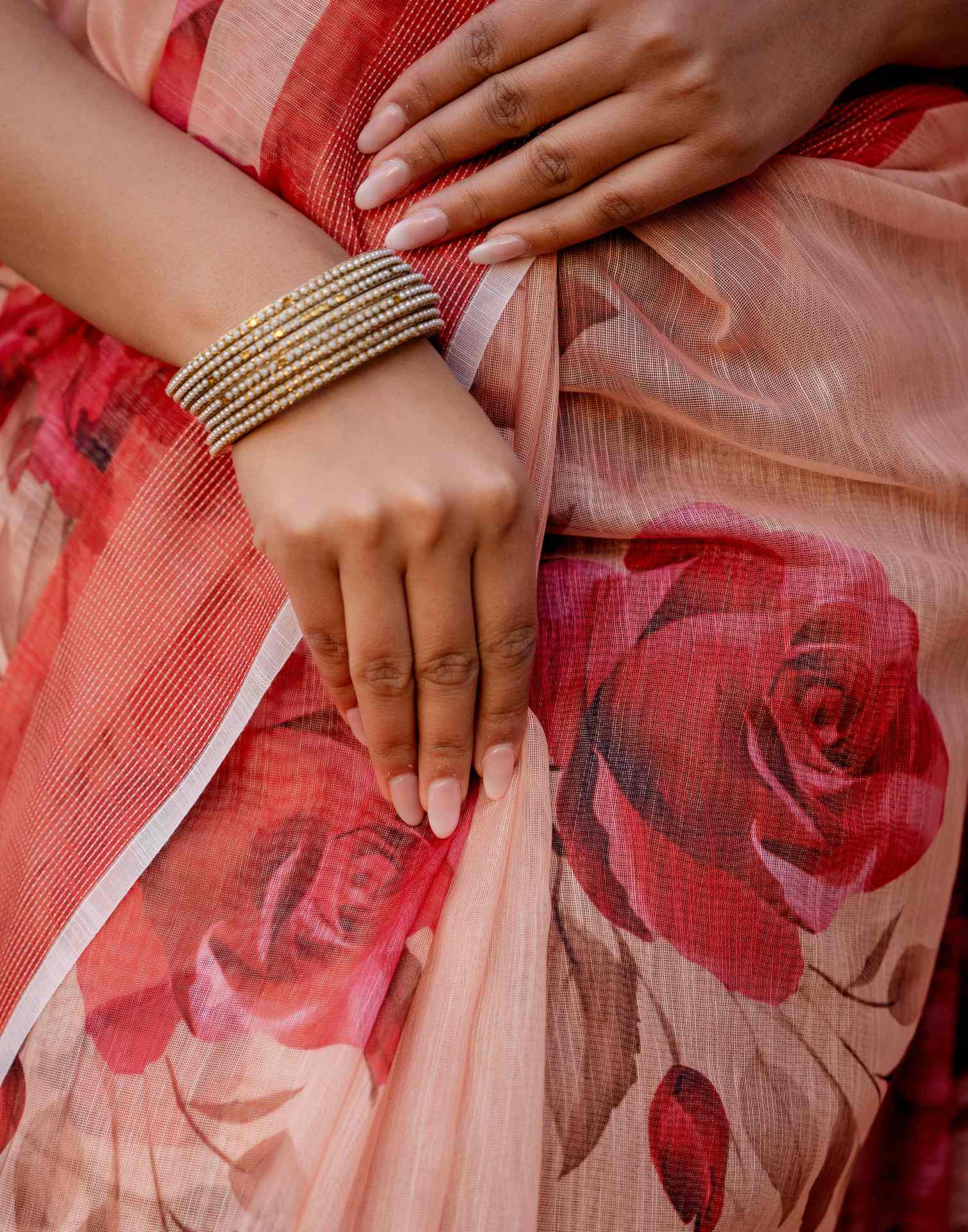 Dark Peach Linen Floral Printed Saree - Image 8