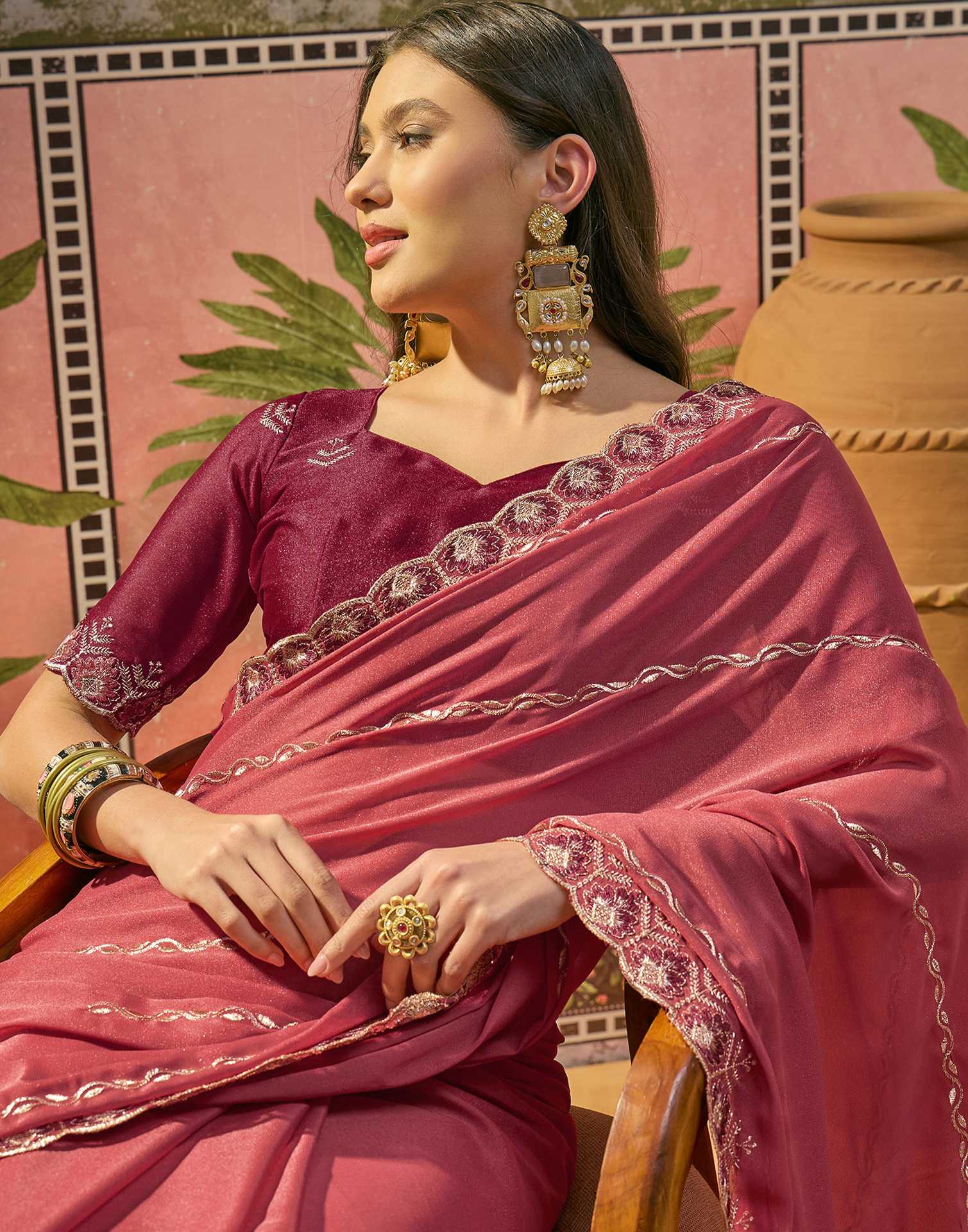 Dark Peach Shimmer Embroidery Saree - Image 2
