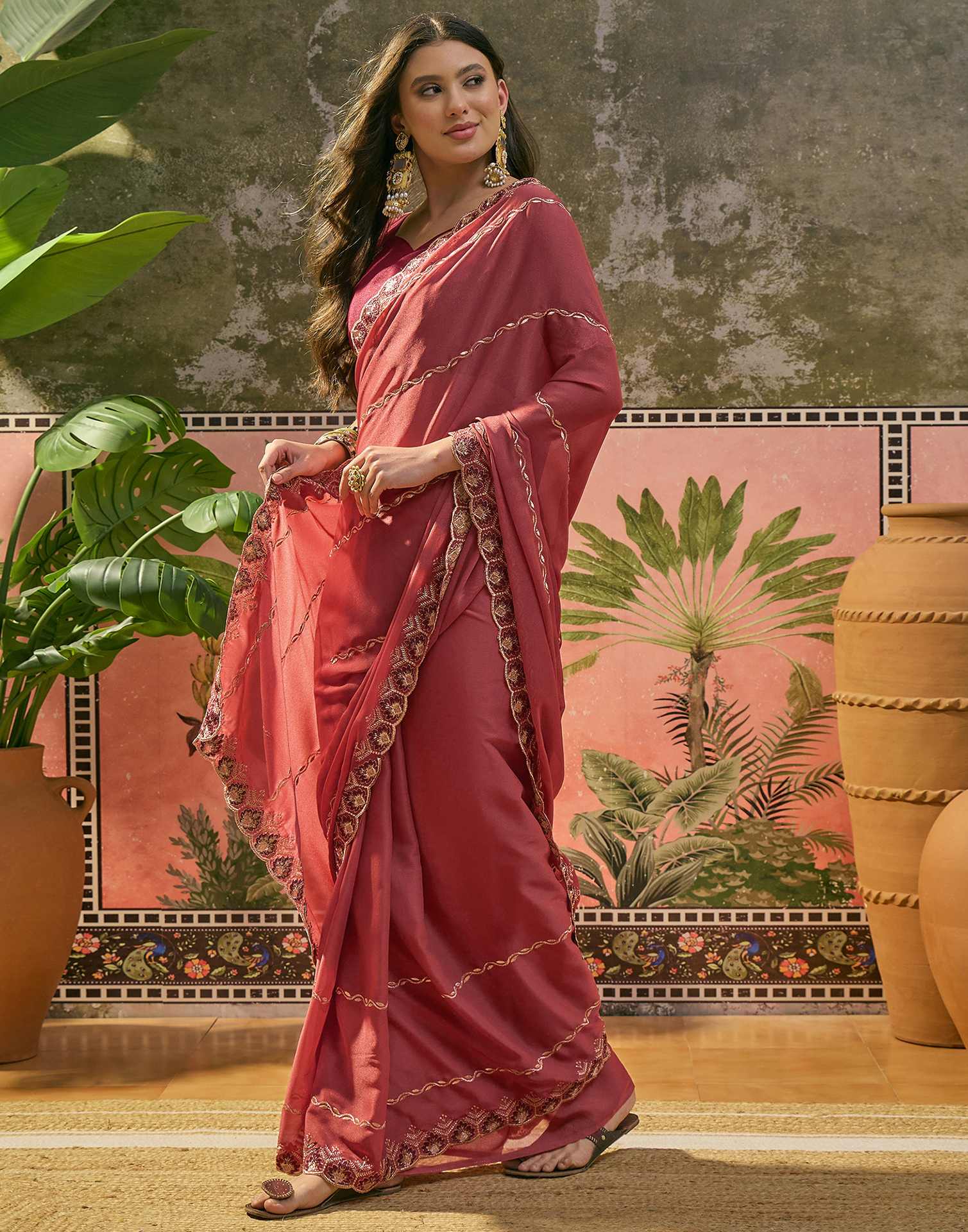 Dark Peach Shimmer Embroidery Saree - Image 5