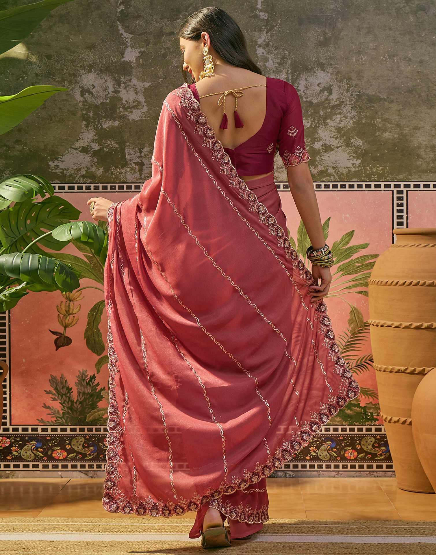 Dark Peach Shimmer Embroidery Saree - Image 6