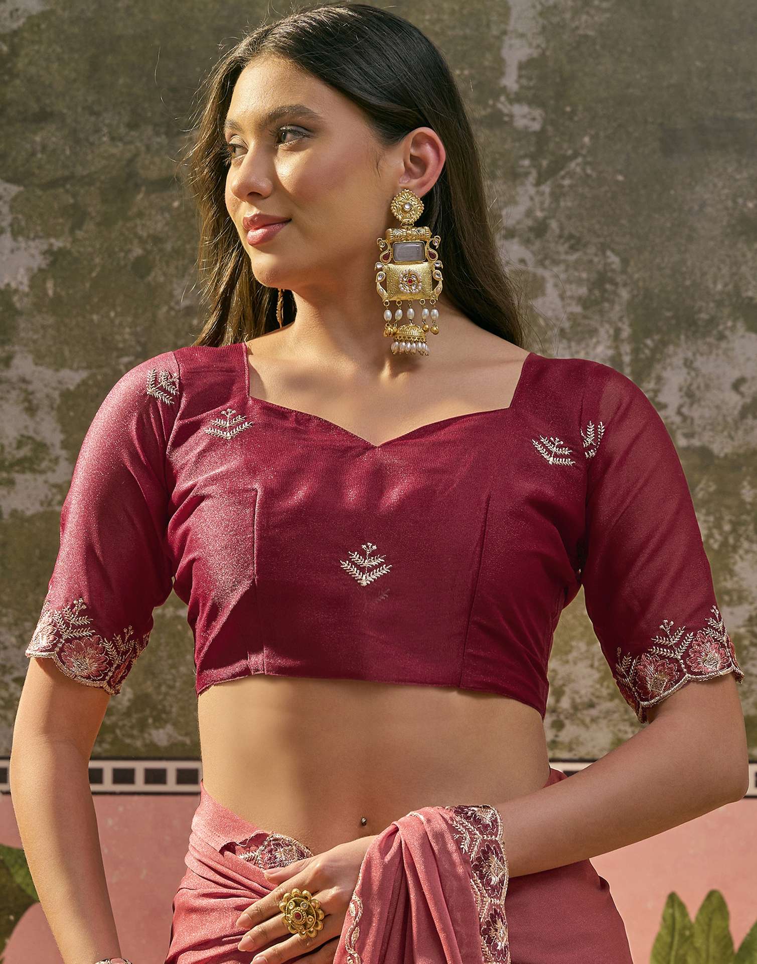 Dark Peach Shimmer Embroidery Saree - Image 8