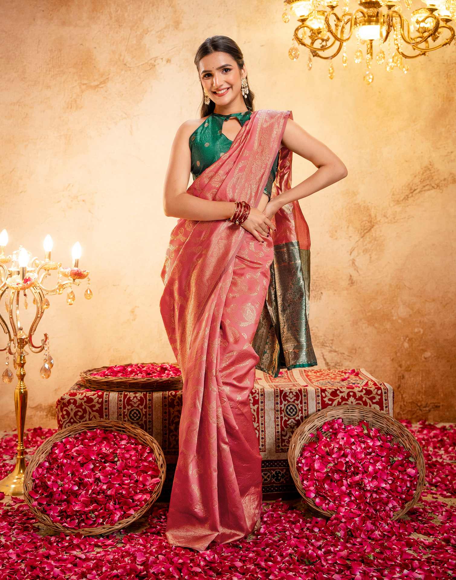 Dark Peach Silk Woven Banarasi Saree - Image 10