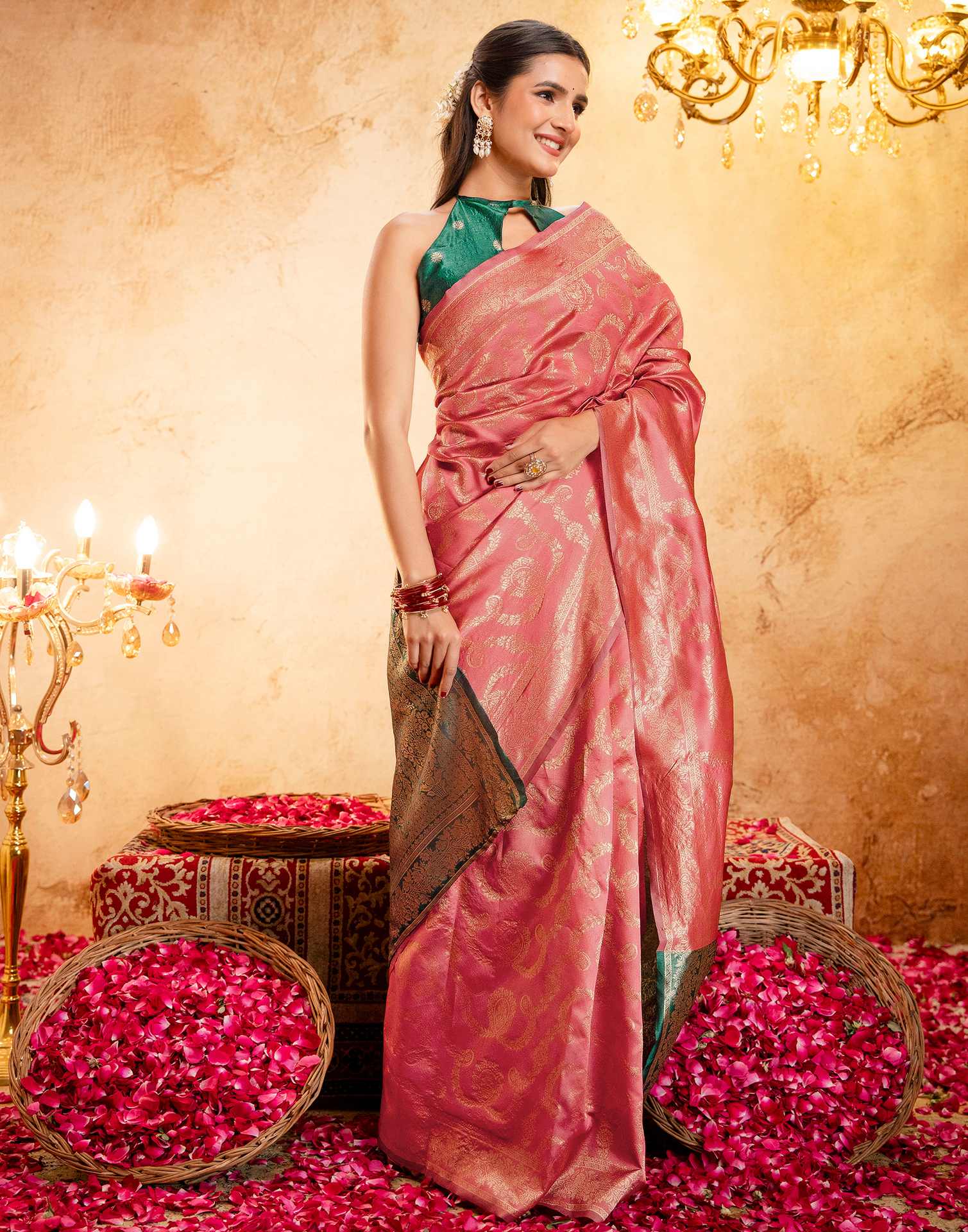 Dark Peach Silk Woven Banarasi Saree - Image 6