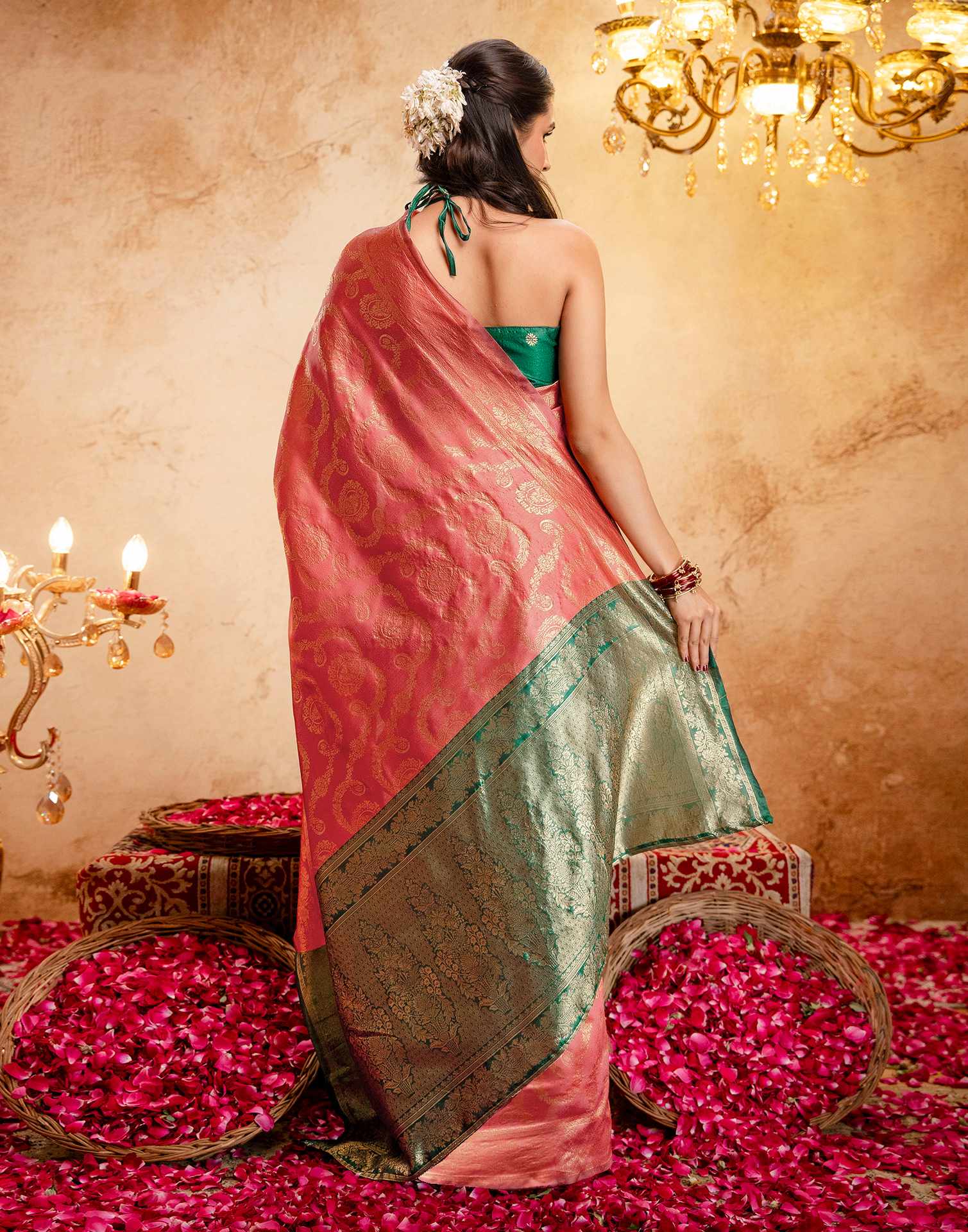 Dark Peach Silk Woven Banarasi Saree - Image 8