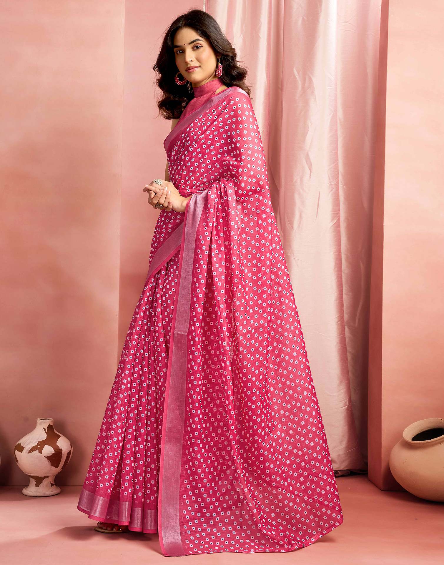 Dark Pink Cotton Linen Printed Saree - Image 4