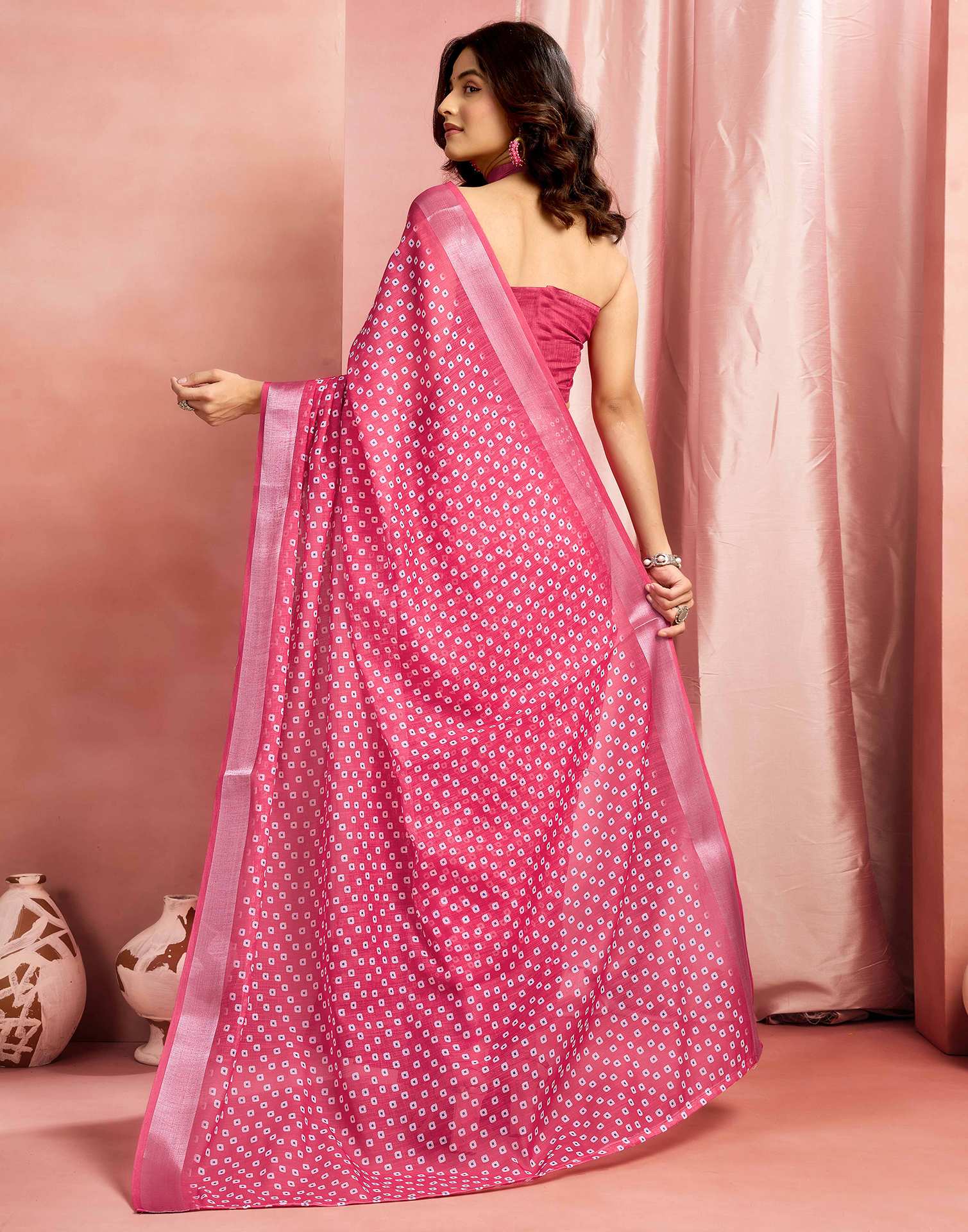 Dark Pink Cotton Linen Printed Saree - Image 6
