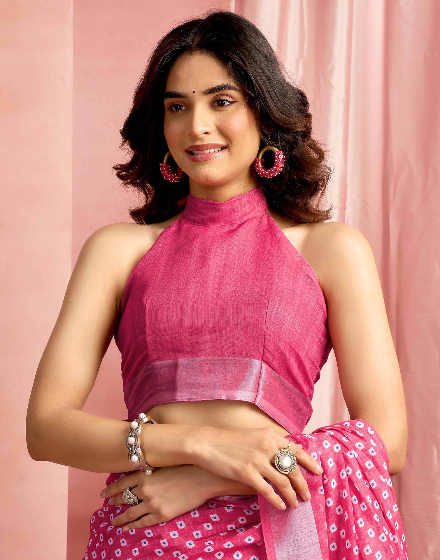 Dark Pink Cotton Linen Printed Saree - Image 8