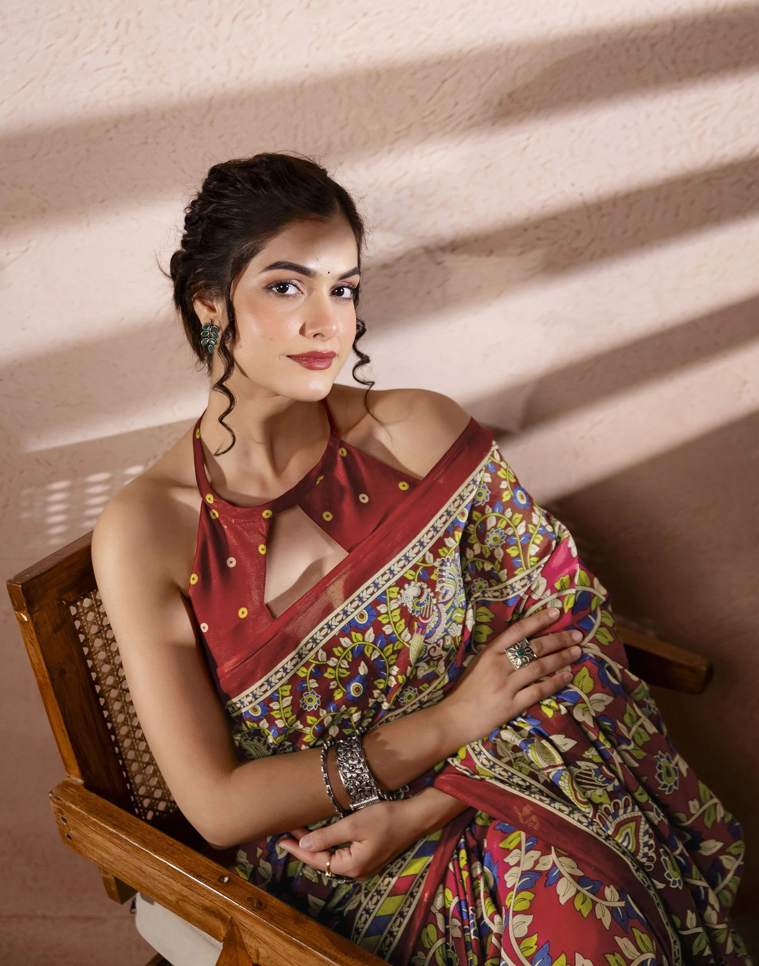 Dark Pink Cotton Printed Kalamkari Saree - Image 7