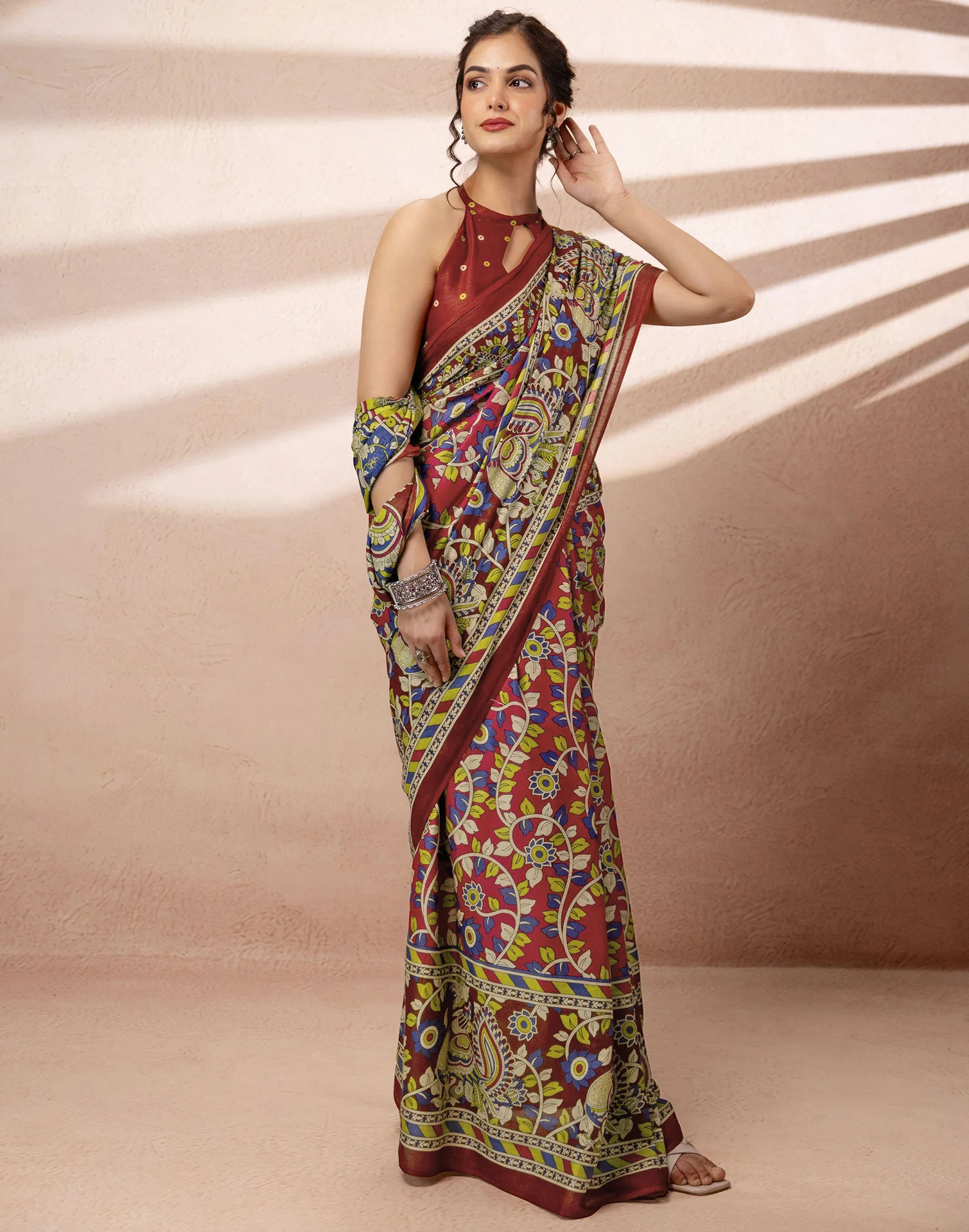Dark Pink Cotton Printed Kalamkari Saree - Image 8
