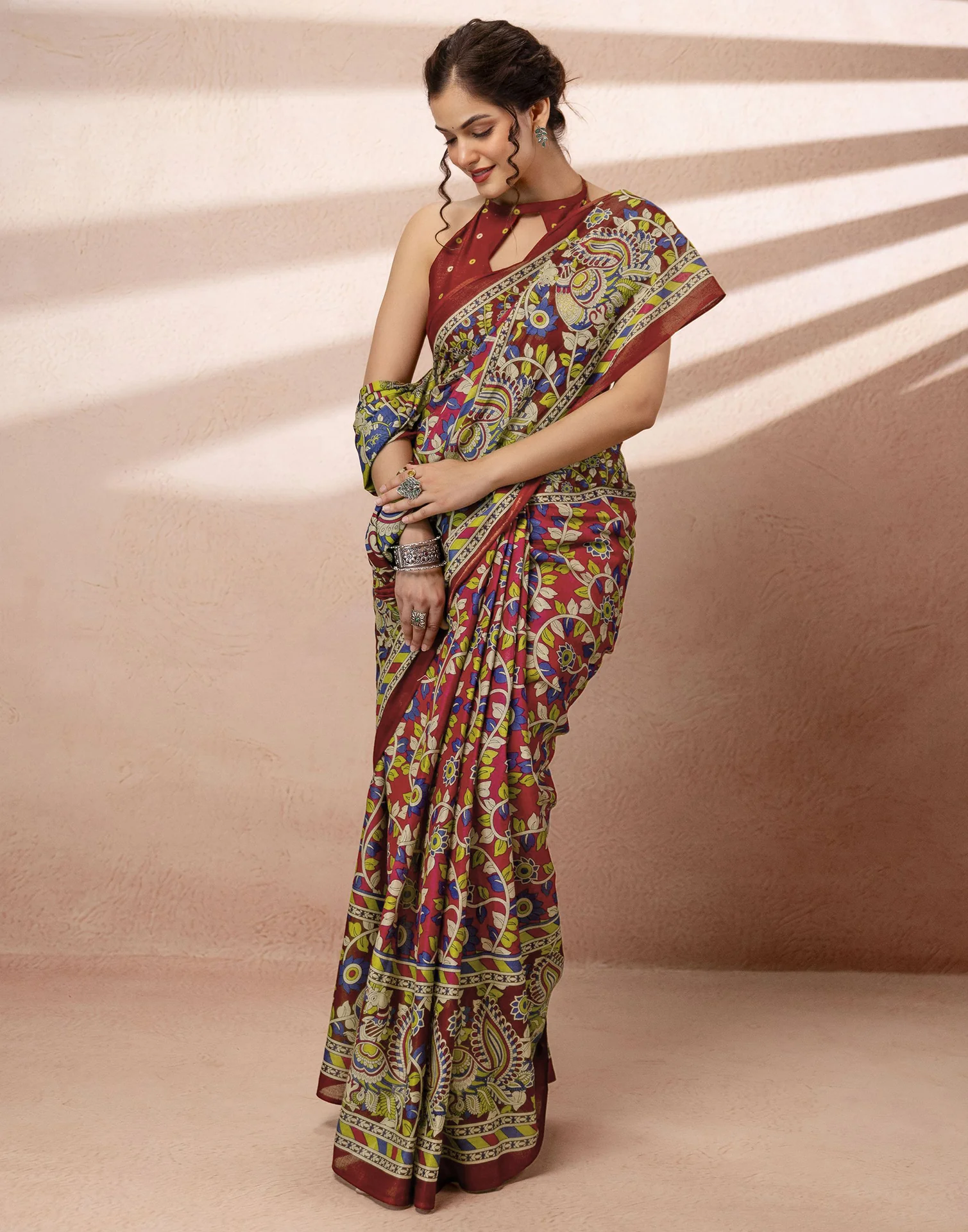 Dark Pink Cotton Printed Kalamkari Saree - Image 9
