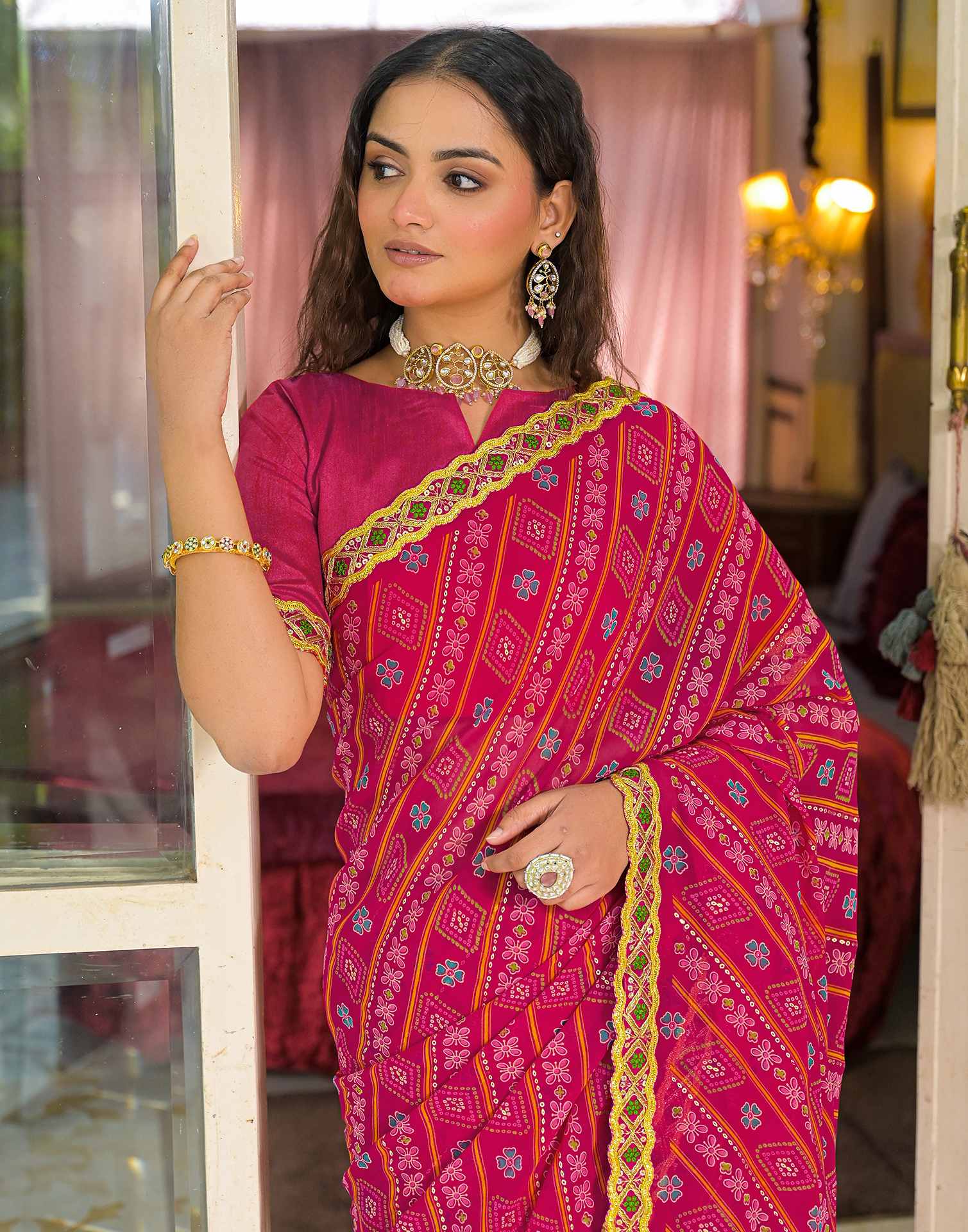 Dark Pink Georgette Bandhani Printed Lace Saree