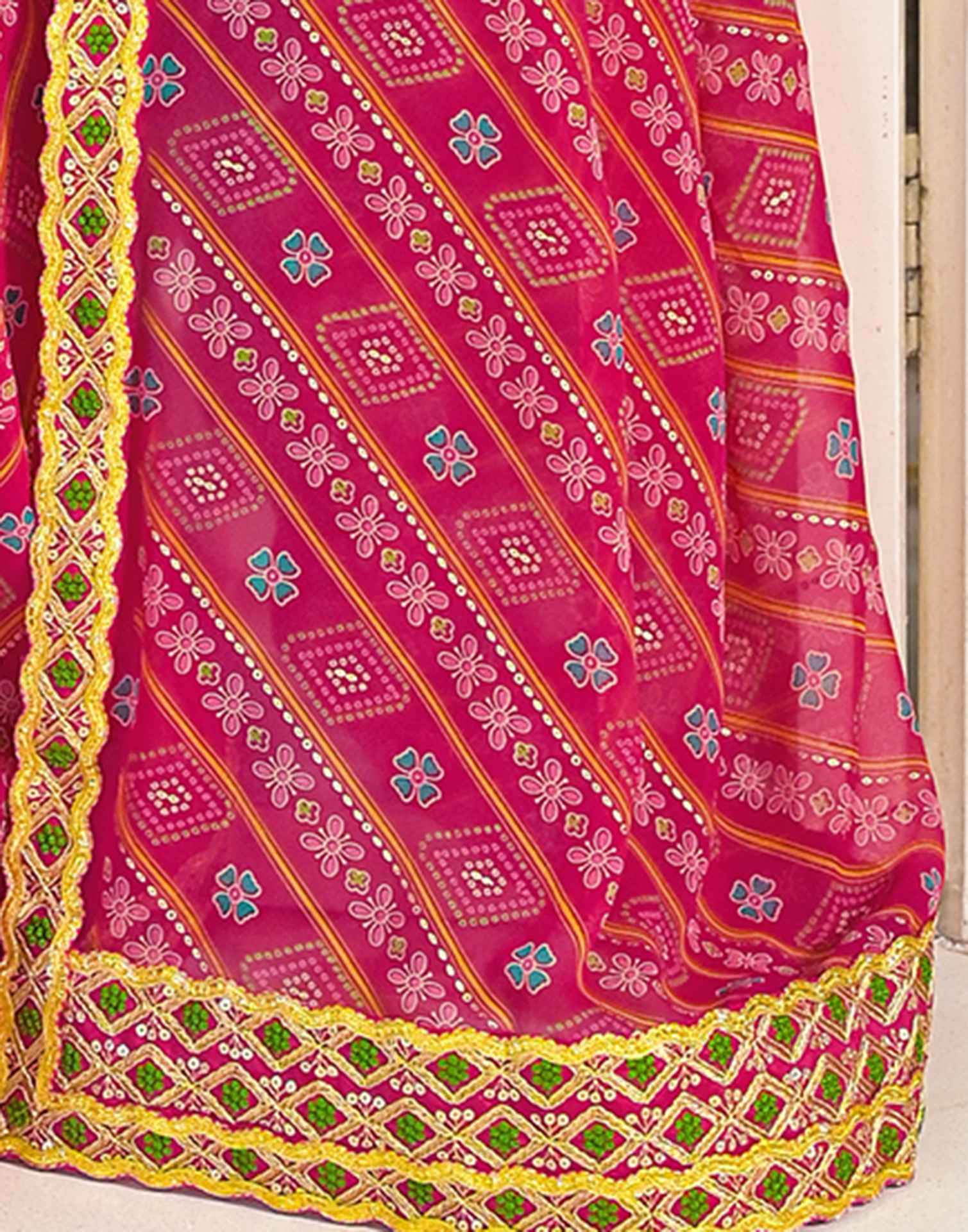 Dark Pink Georgette Bandhani Printed Lace Saree - Image 10