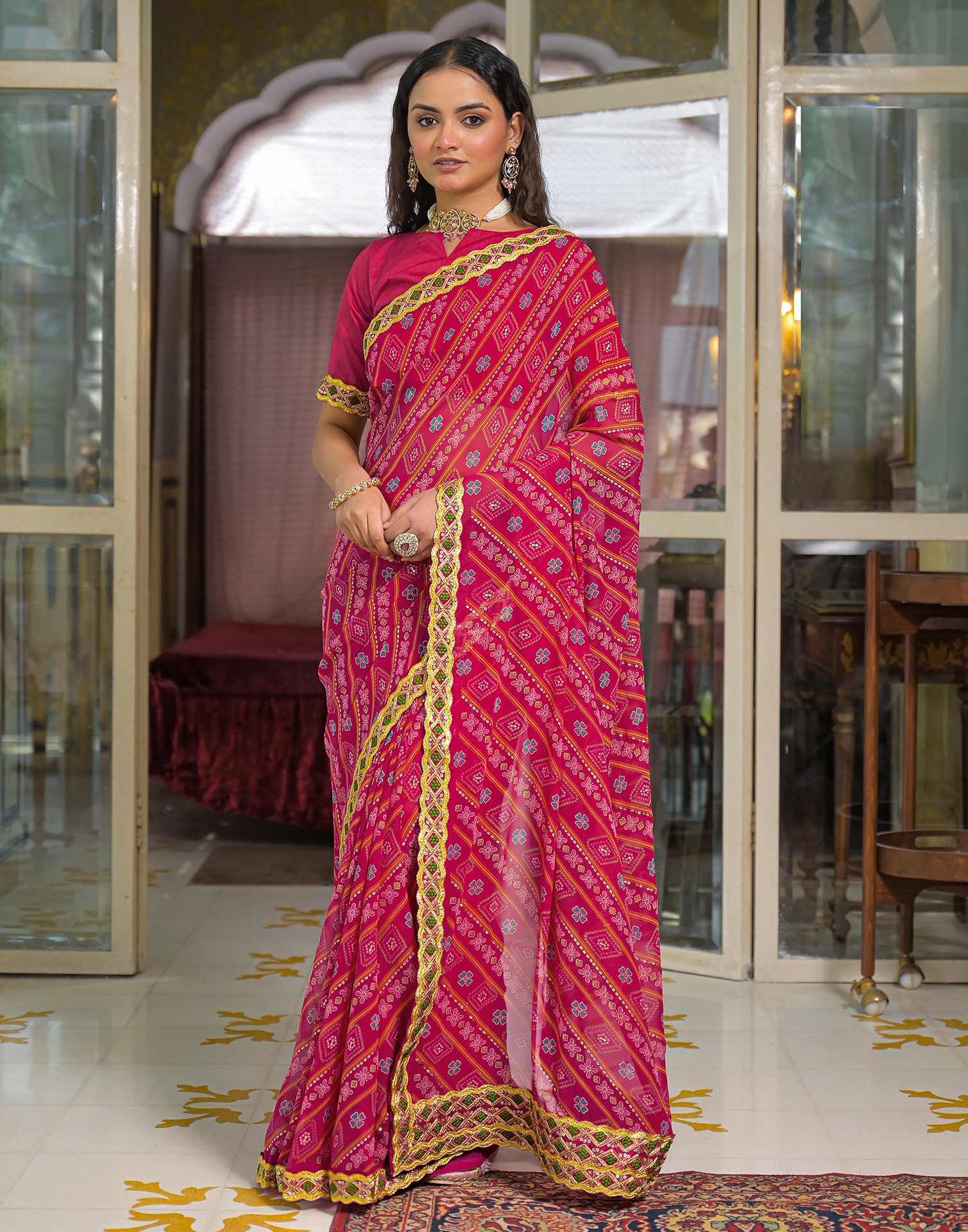 Dark Pink Georgette Bandhani Printed Lace Saree - Image 4