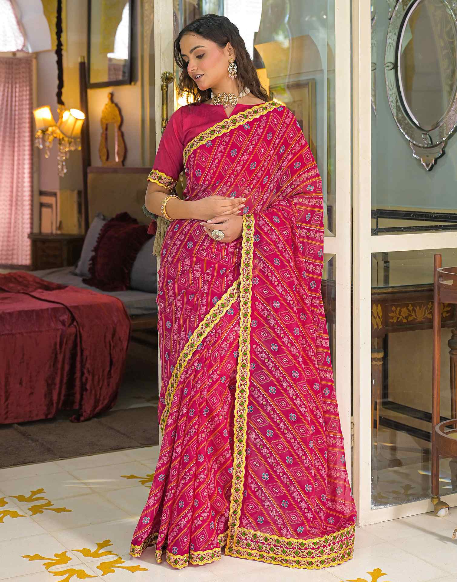 Dark Pink Georgette Bandhani Printed Lace Saree - Image 5