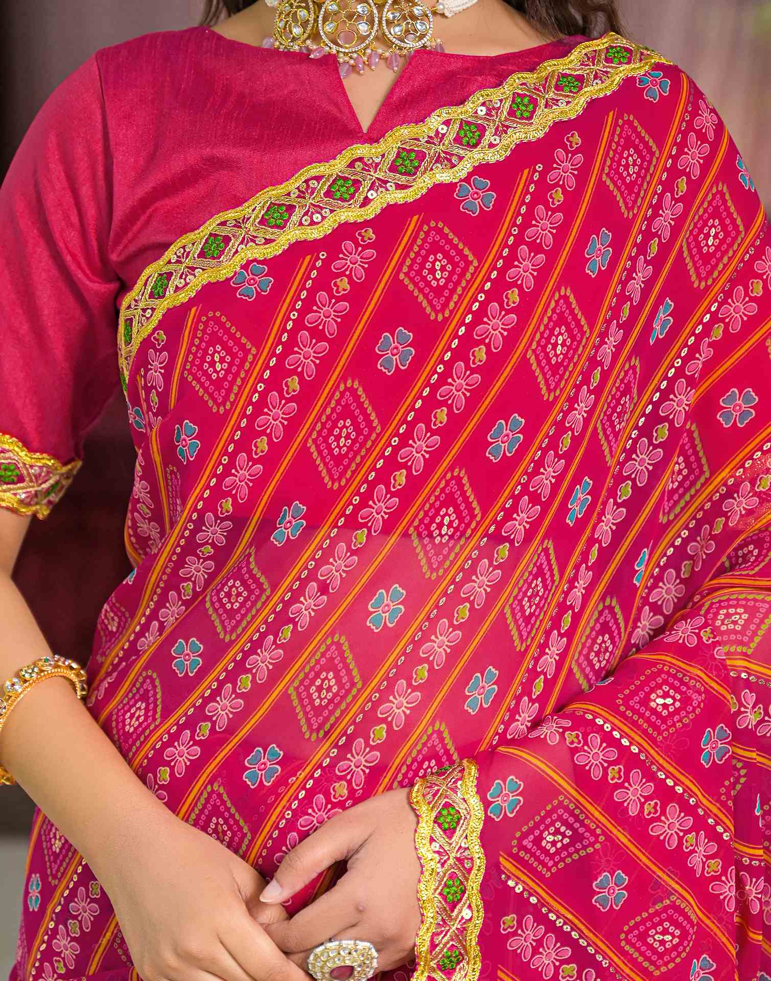 Dark Pink Georgette Bandhani Printed Lace Saree - Image 7