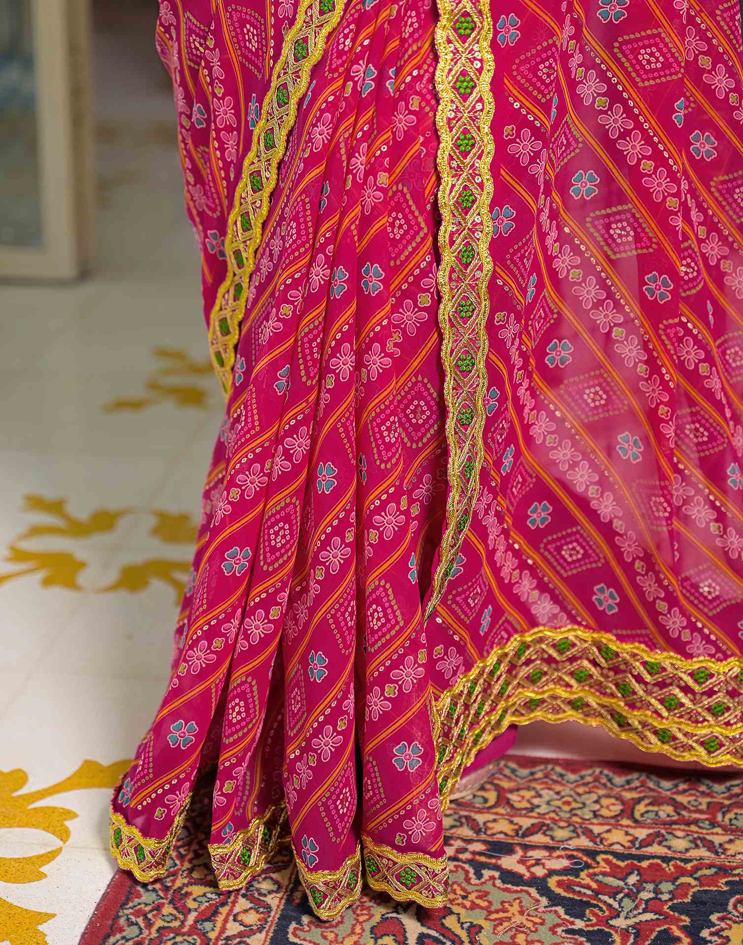 Dark Pink Georgette Bandhani Printed Lace Saree - Image 8