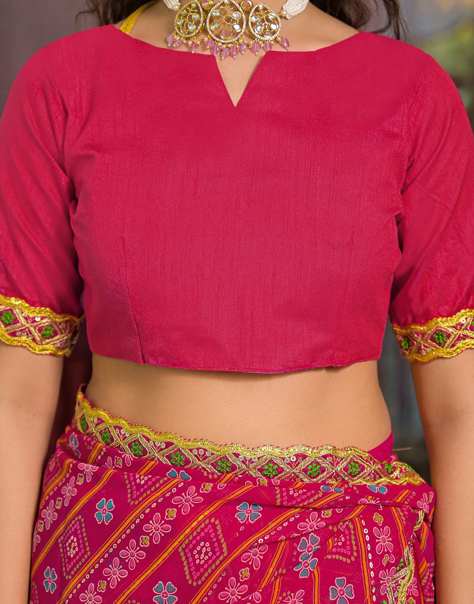 Dark Pink Georgette Bandhani Printed Lace Saree - Image 9