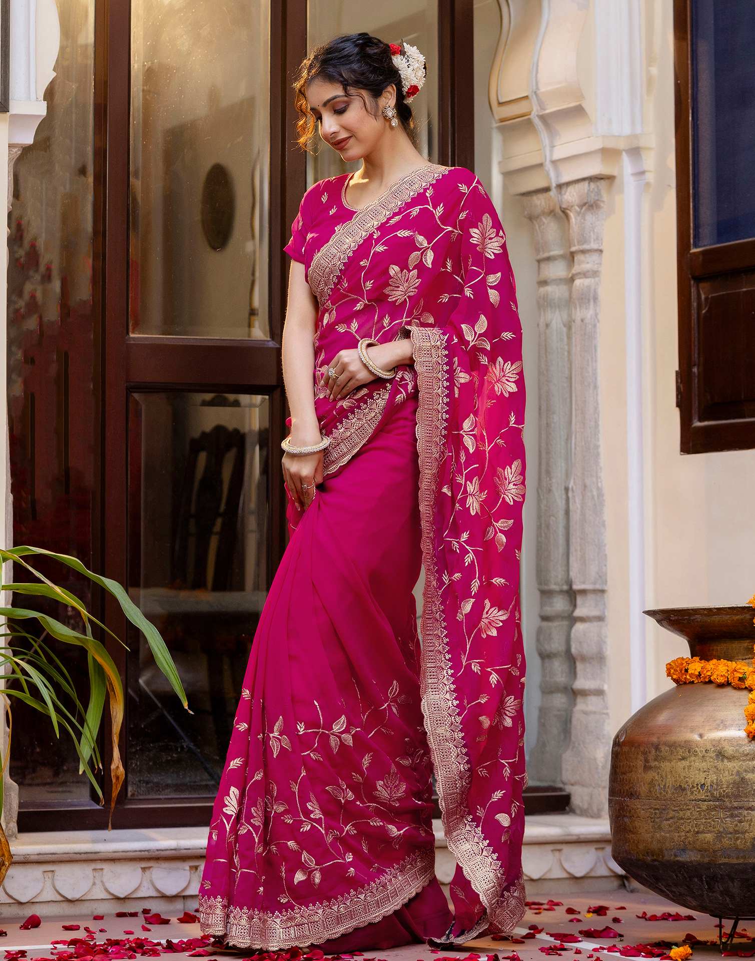 Dark Pink Georgette Embroidery Saree - Image 4